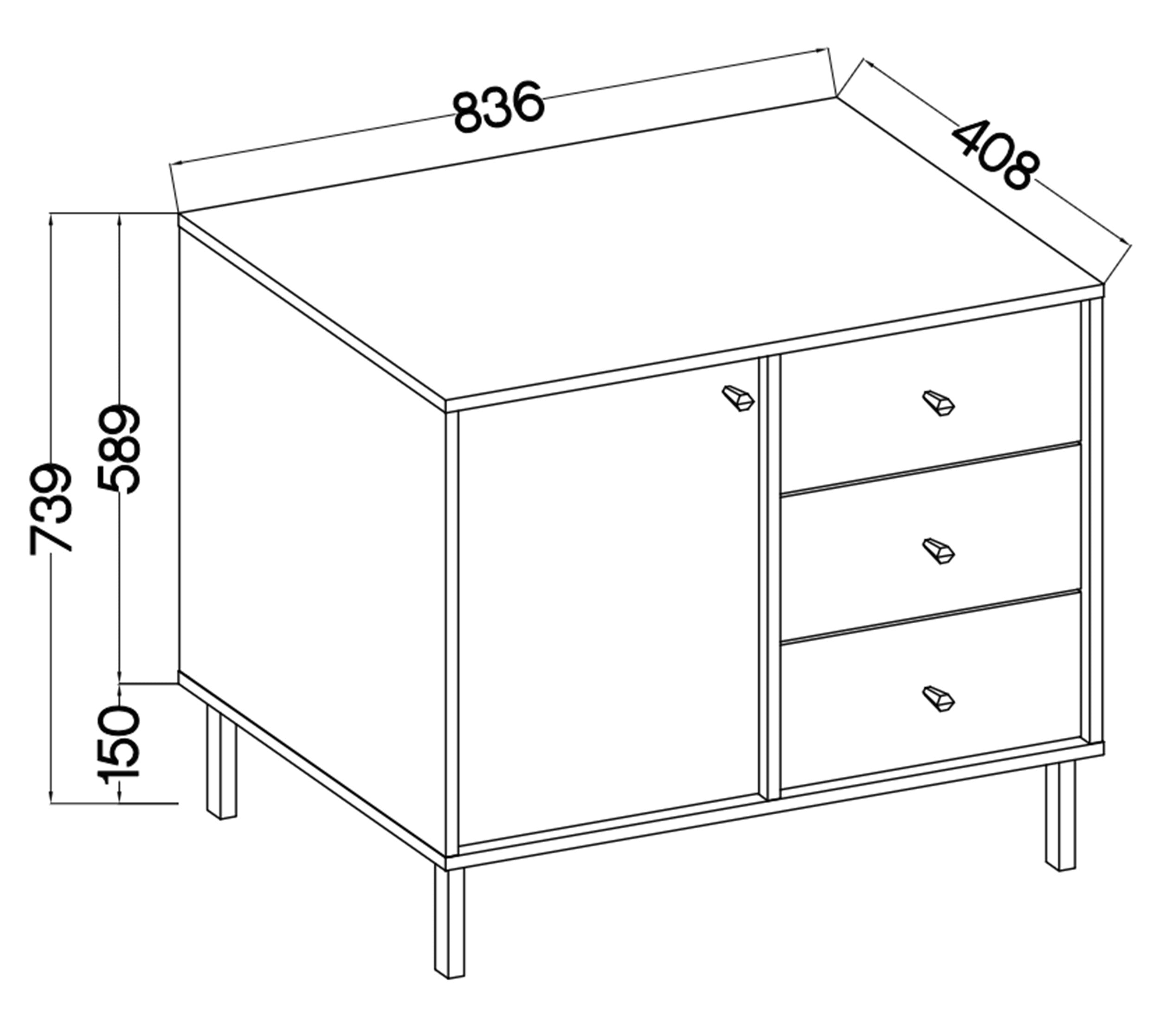 Komoda jednodrzwiowa Oktio z trzema szufladami 84 cm czarny grafit na złotych nogach