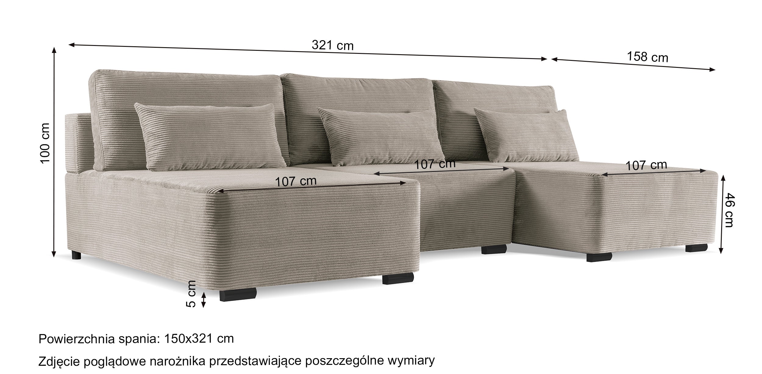 Narożnik z funkcją spania Moduliano U-kształtny z pojemnikiem uniwersalny jasnoszary sztruks