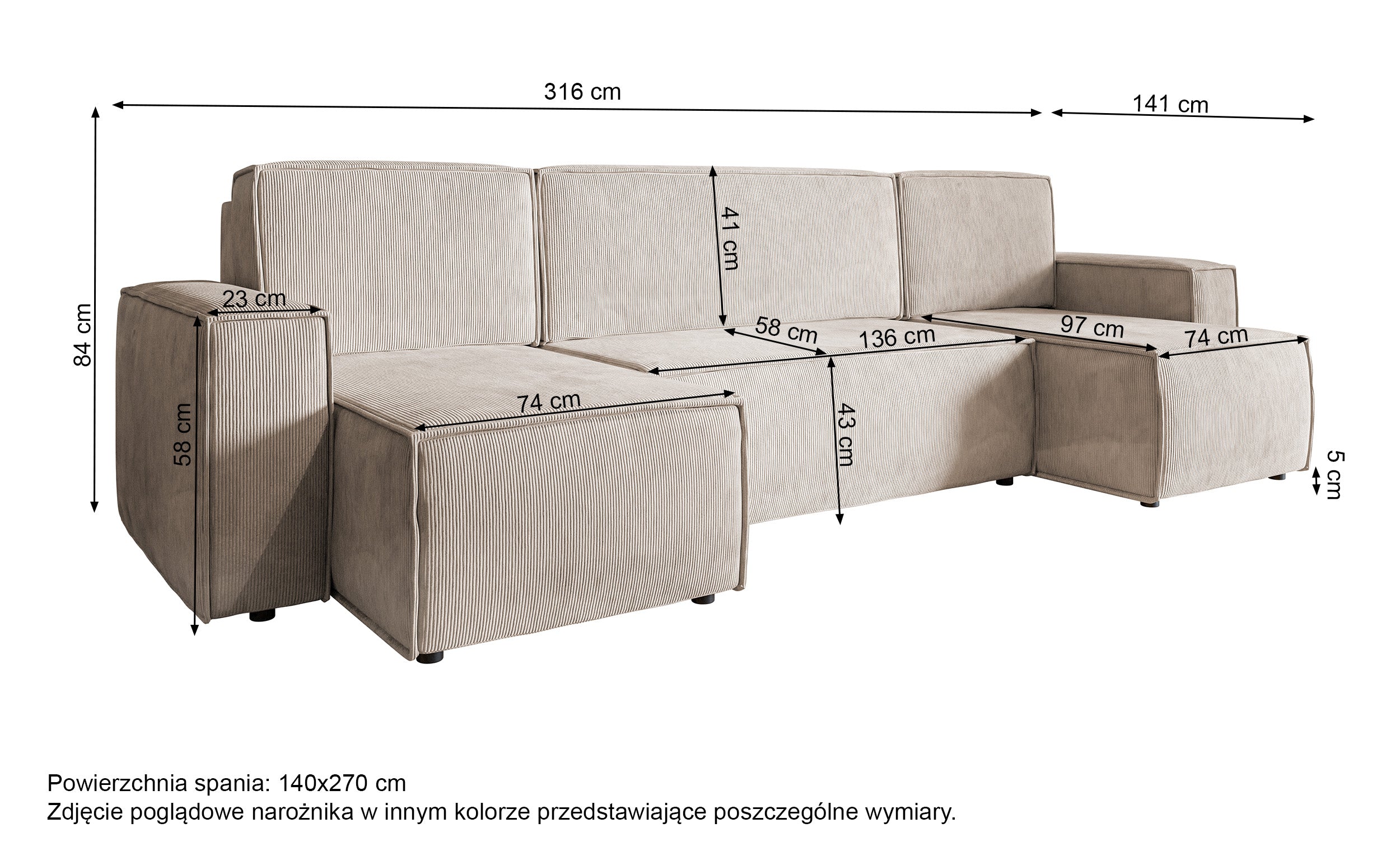 Narożnik z funkcją spania Copertino U-kształtny z pojemnikiem uniwersalny popielaty sztruks