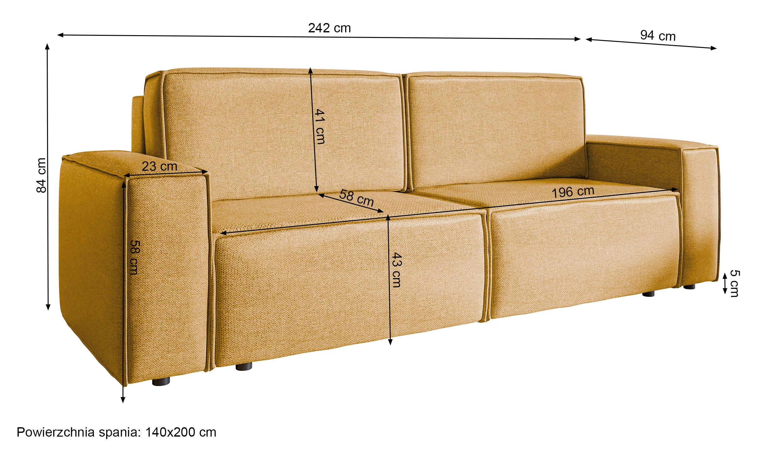 Kanapa rozkładana trzyosobowa Copertino musztardowa plecionka łatwoczyszcząca