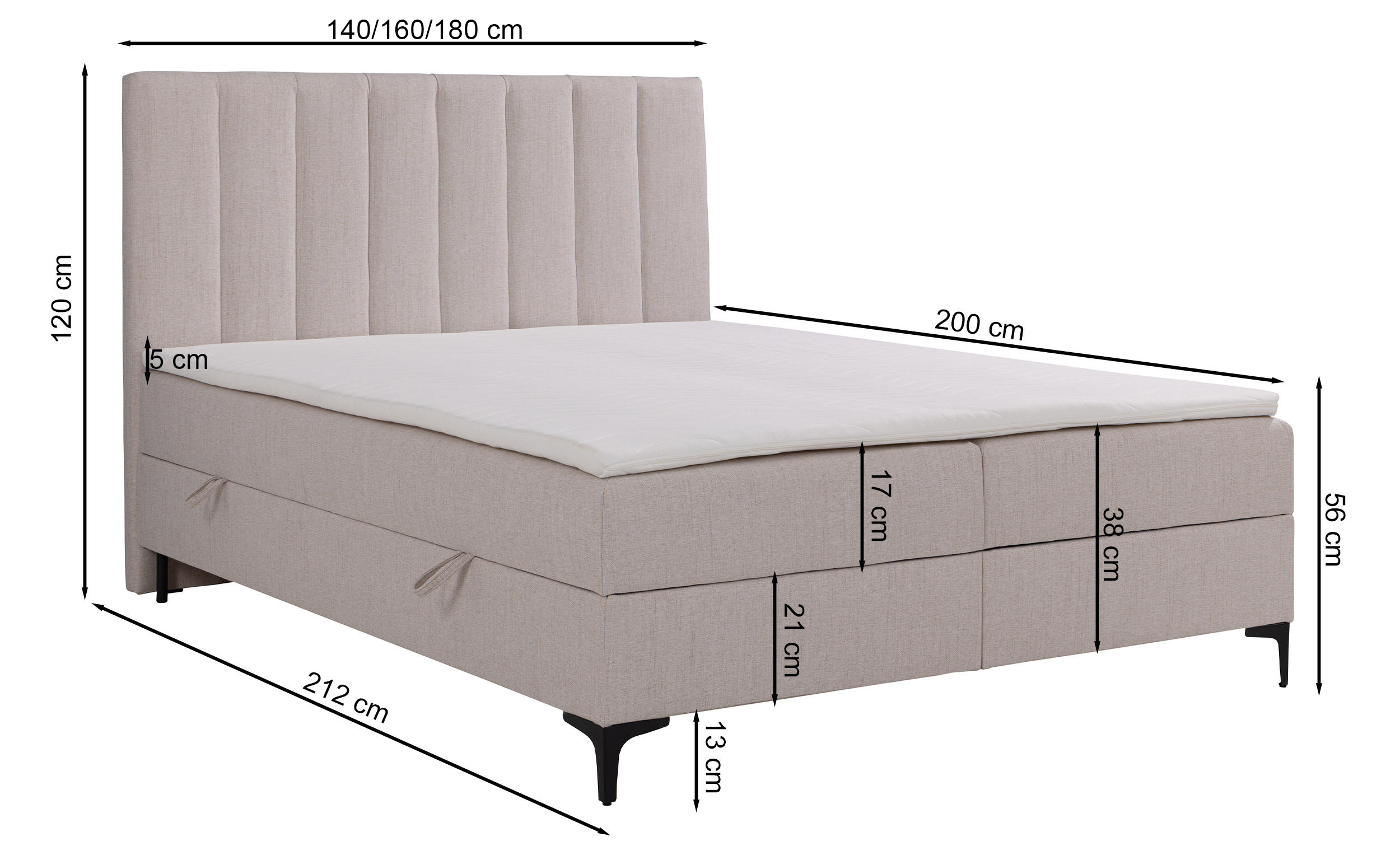 Łóżko kontynentalne 140x200 cm Lorentes z pojemnikiem i topperem granatowe plecionka
