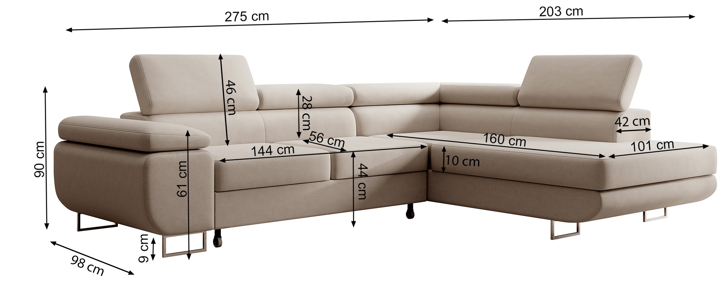 Narożnik z funkcją spania Stevil L-kształtny z pojemnikiem kremowy welur łatwoczyszczący prawostronny