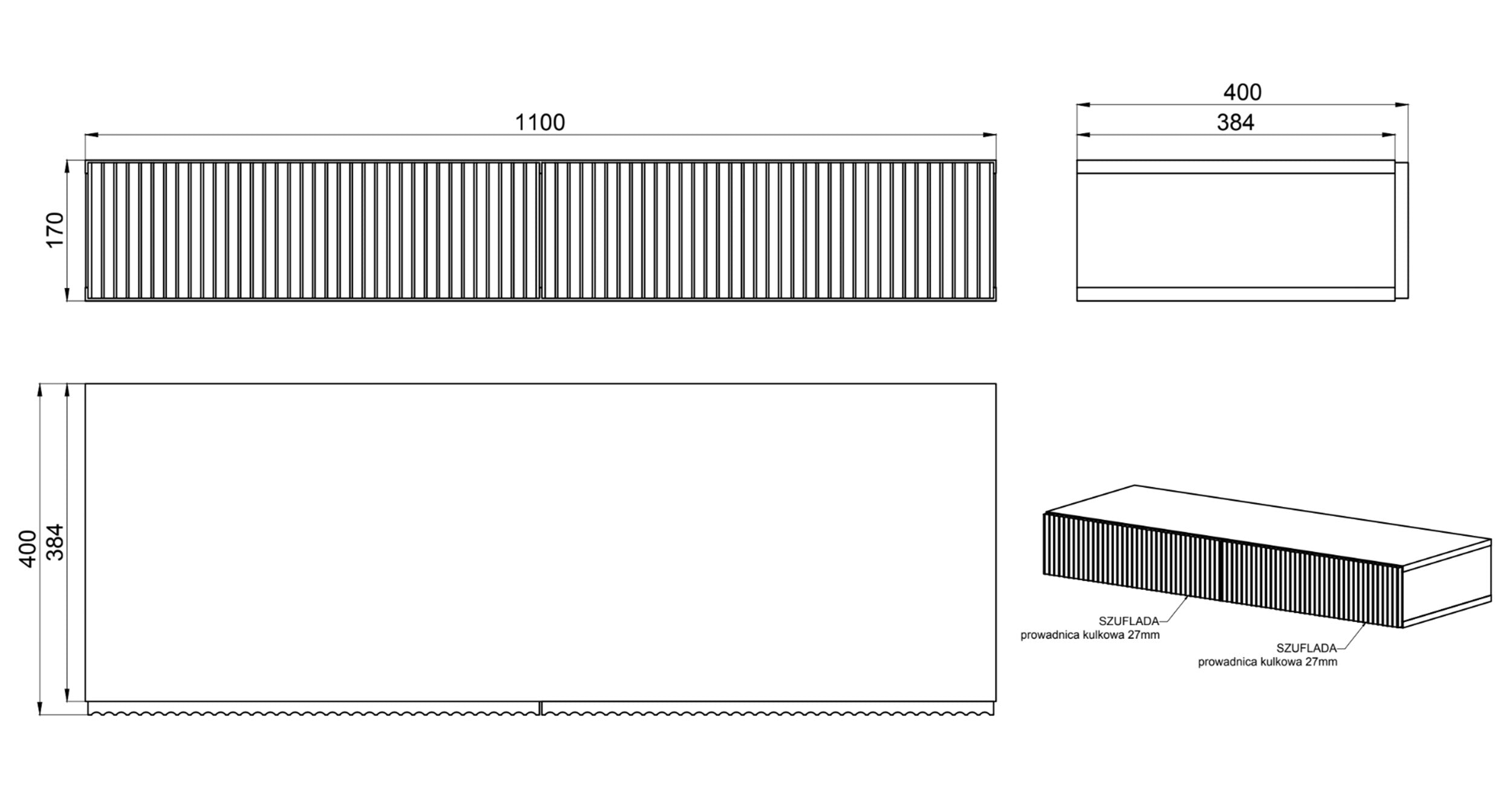 Toaletka Nolie z szufladami i nóżkami 110 cm Jesion Portland Czarny