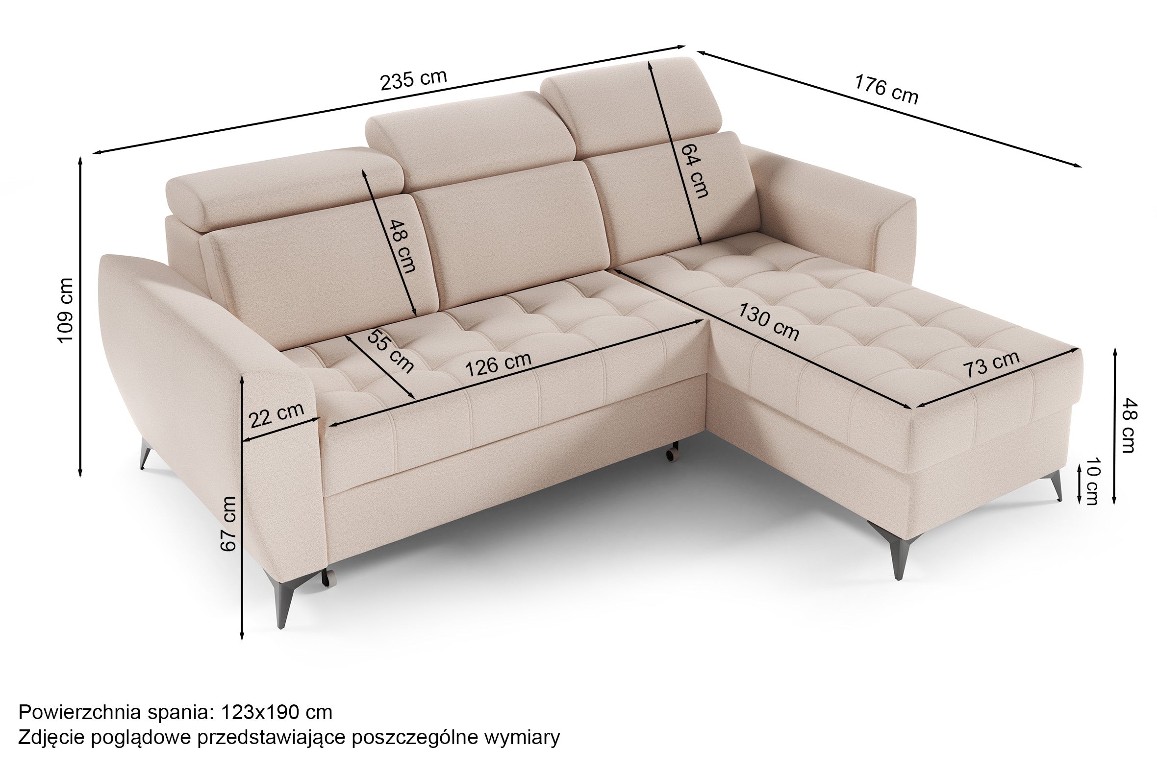 Narożnik z funkcja spania Virelia L-kształtny szary welur