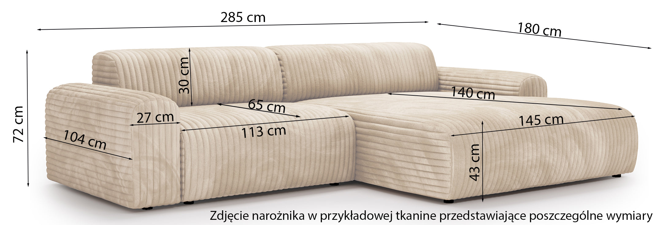 Narożnik Bervel L-kształtny beżowy pluszowy sztruks prawostronny