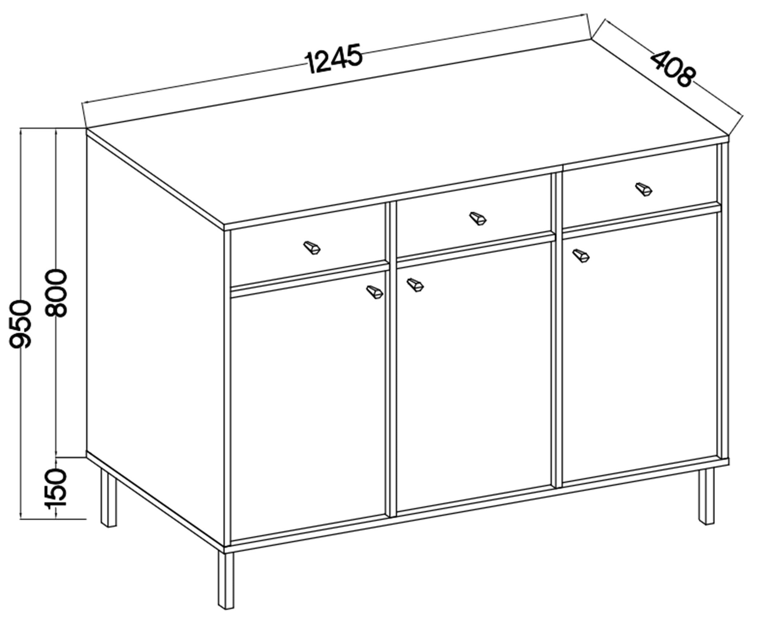 Komoda trzydrzwiowa Oktio z trzema szufladami 125 cm czarny grafit na złotych nogach