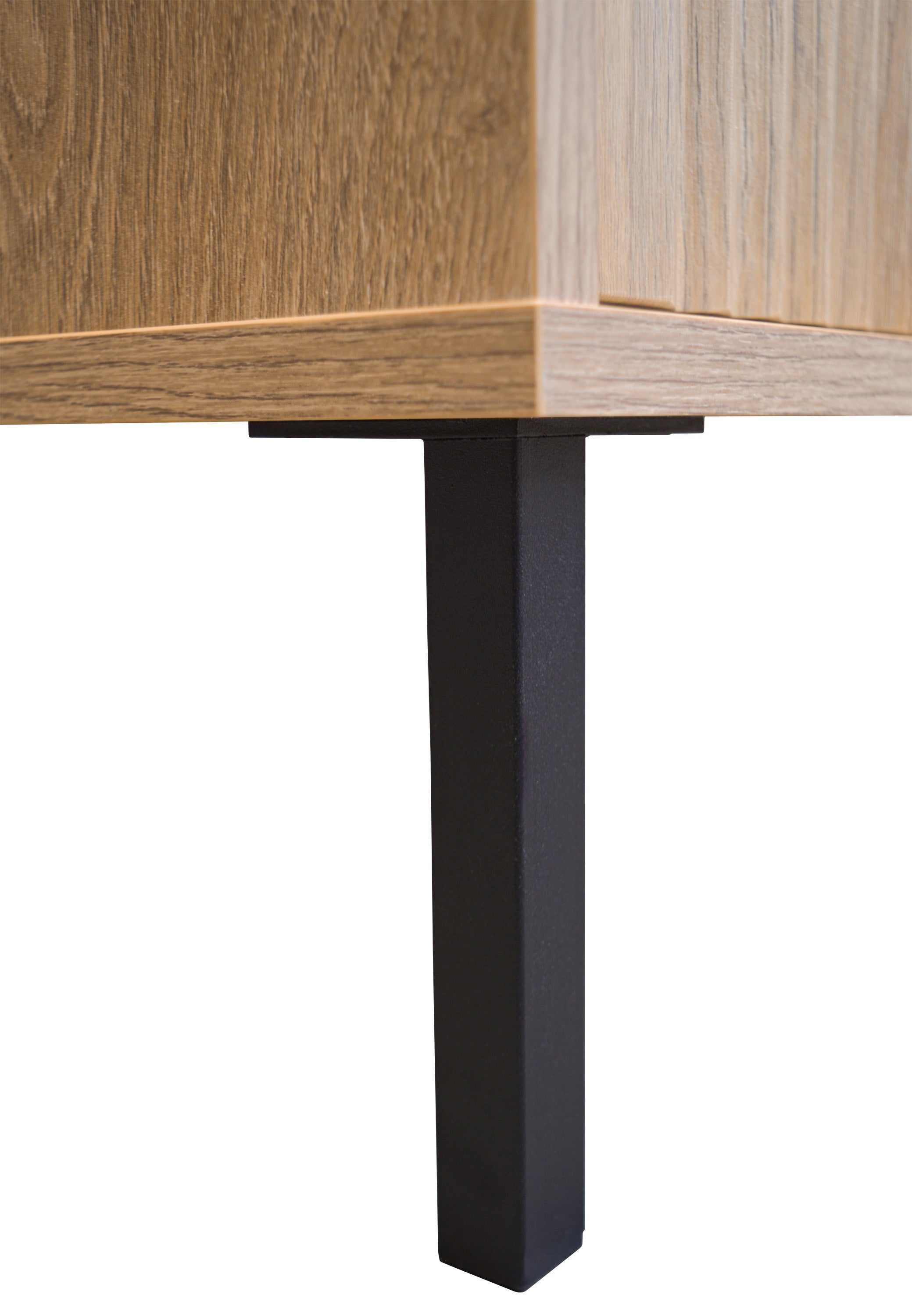 Komoda dwudrzwiowa Osaka z dwiema szufladami i ryflowanymi frontami 100 cm dąb evoke na czarnych nogach