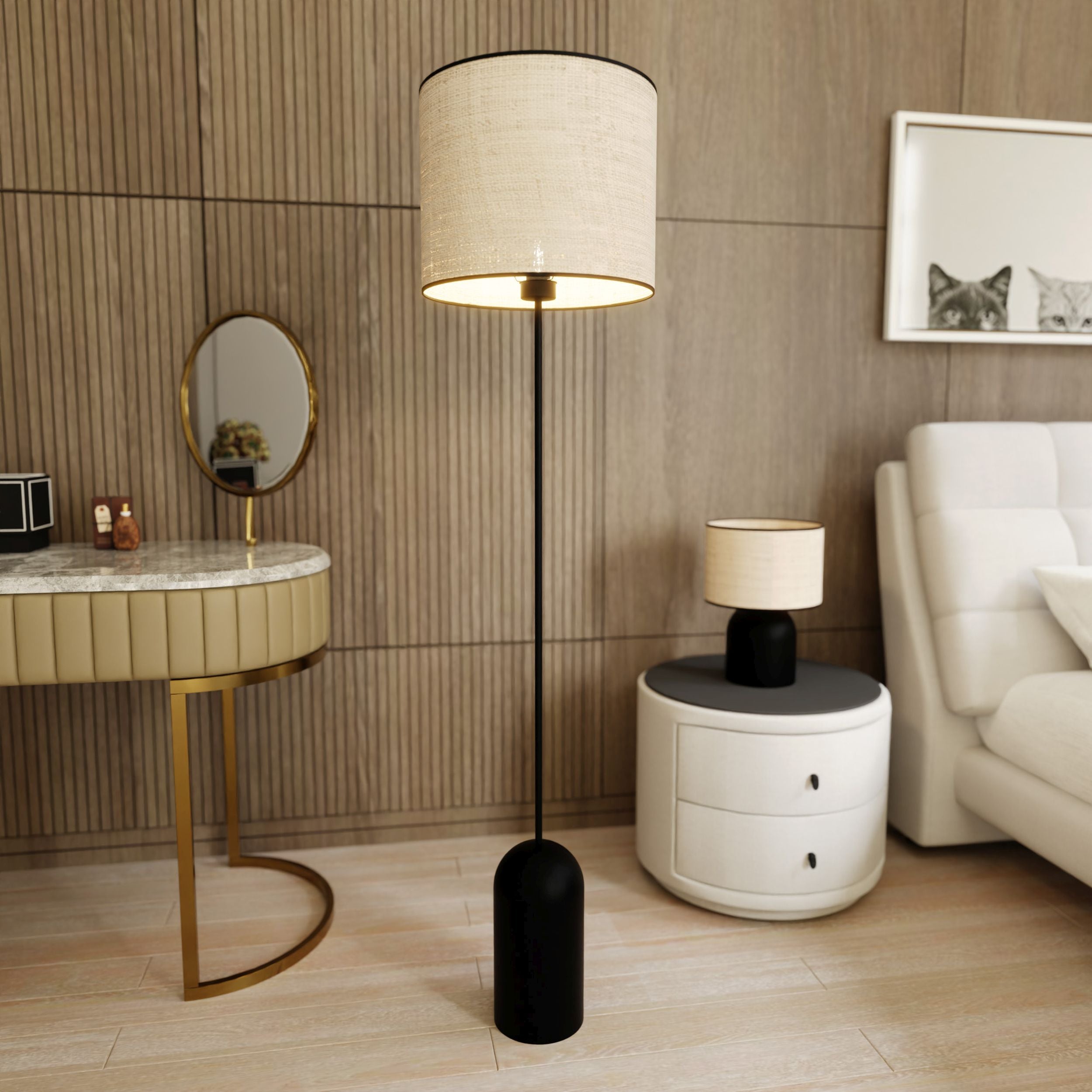 Lampa podłogowa Zingic 144 cm czarna z rattanowym abażurem