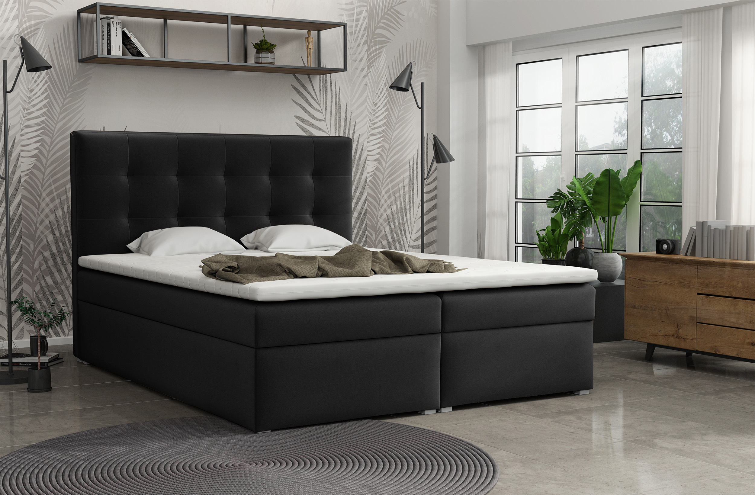 Łóżko kontynentalne 180x200 cm Nabbe z pojemnikami i topperem czarne welur