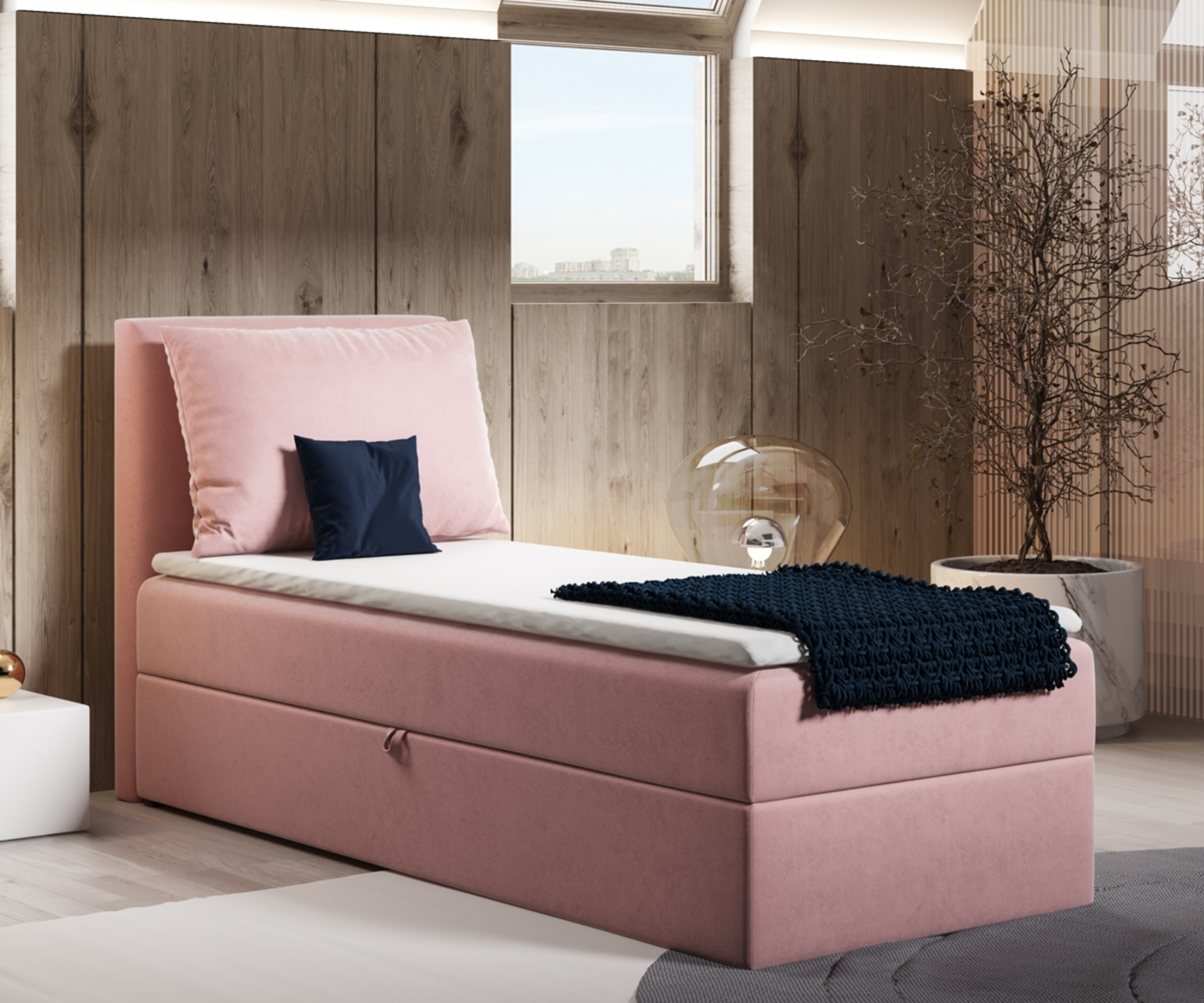 Łóżko kontynentalne 80x200 cm Fayence z pojemnikiem i topperem jednoosobowe różowe lewostronne