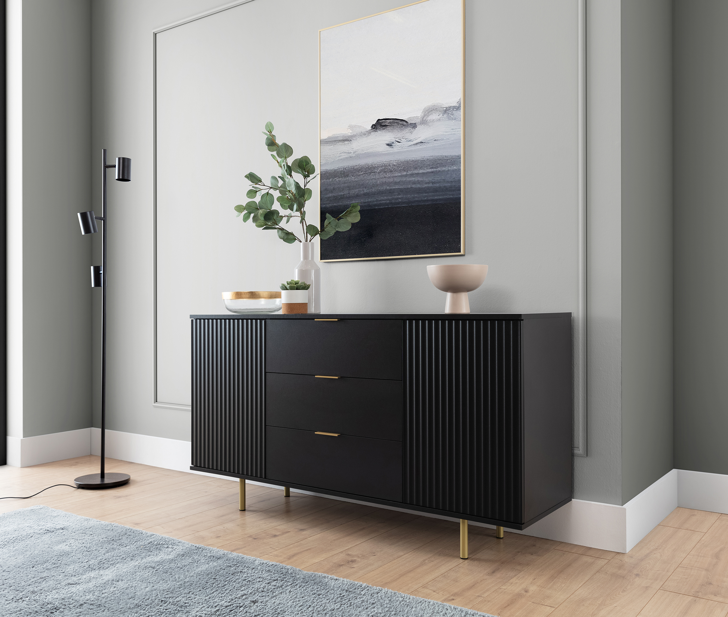 Komoda dwudrzwiowa Klazby 150 cm z trzema szufladami czarny mat lamele