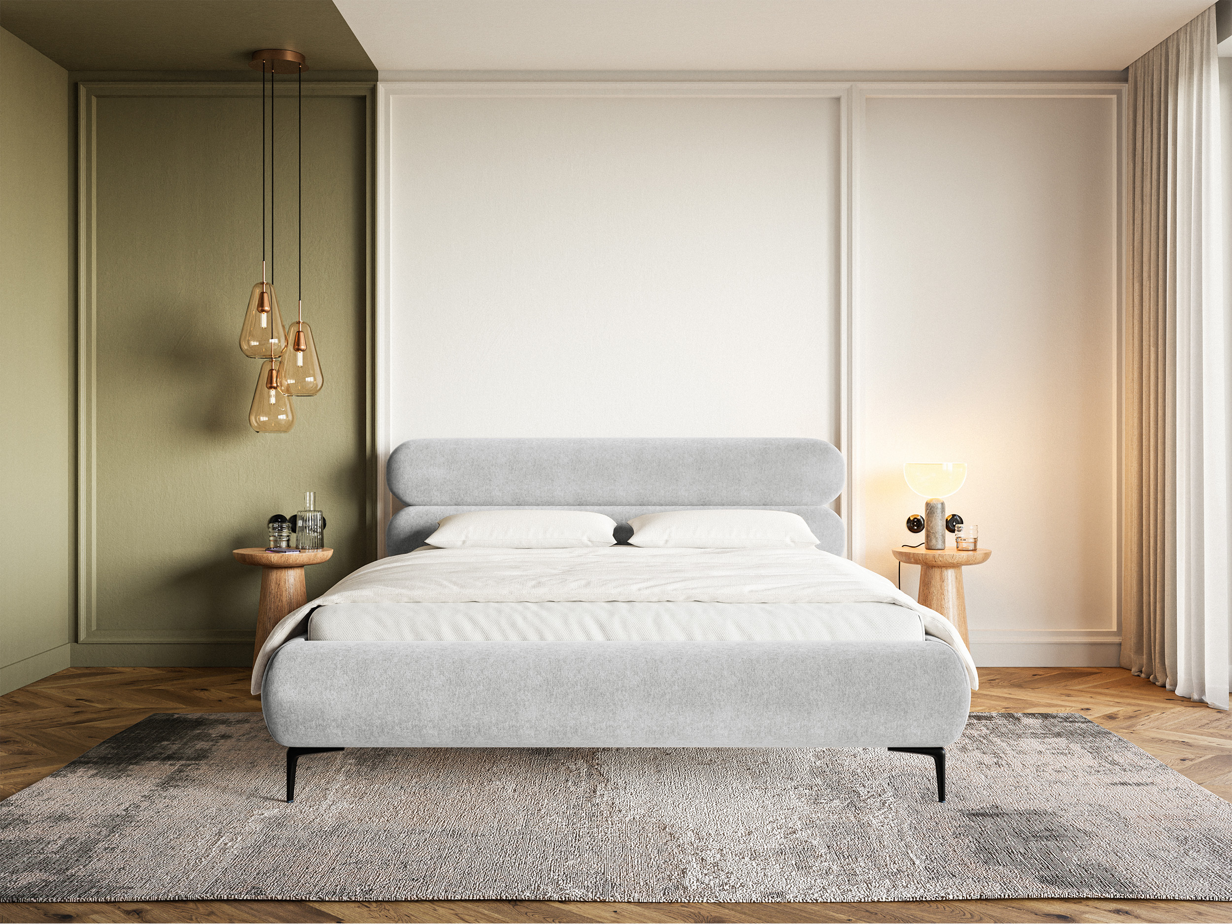 Łóżko tapicerowane 160x200 cm Roule z pojemnikiem stelaż metalowy jasnoszare welur hydrofobowy nóżki czarne
