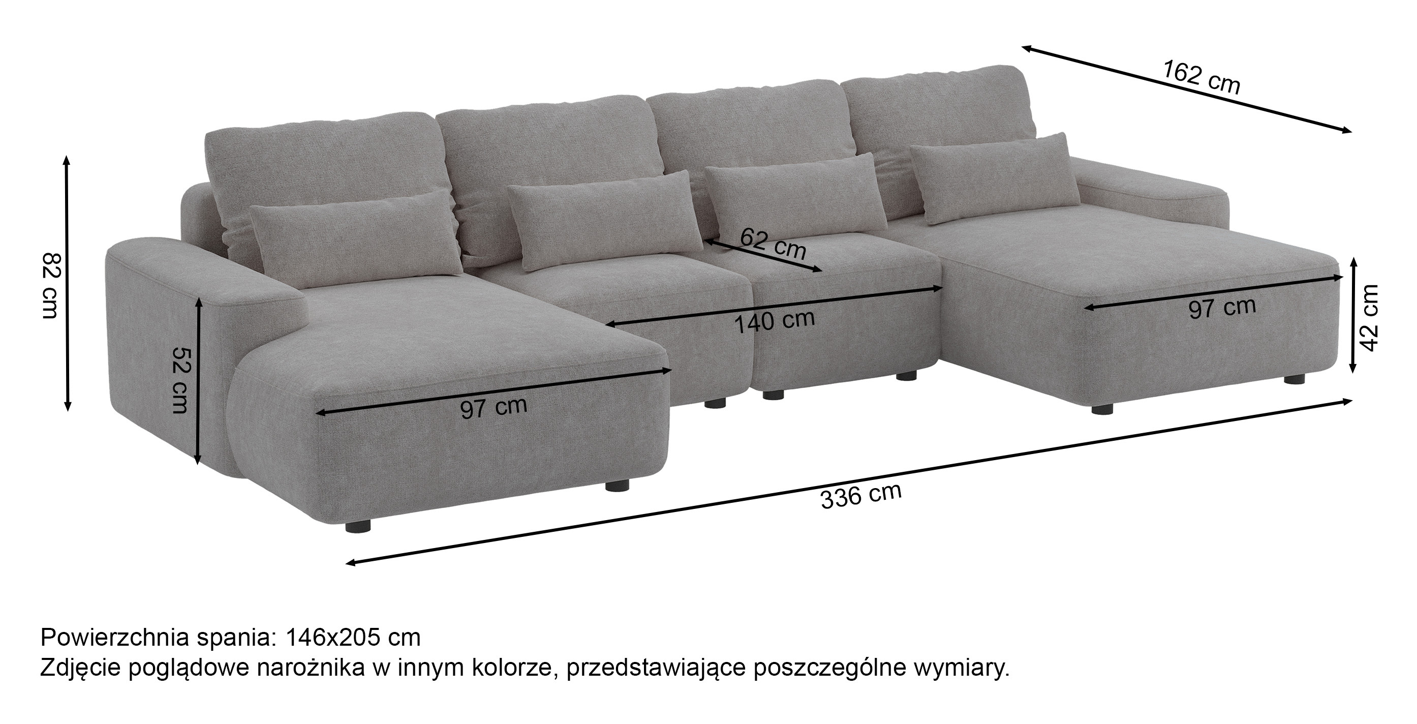 Narożnik z funkcją spania Carnos U-kształtny ciemnoszary welur hydrofobowy łatwoczyszczący