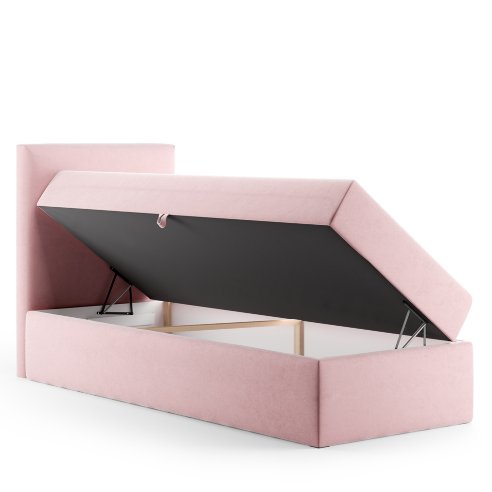 Łóżko kontynentalne 90x200 cm Fayence z pojemnikiem i topperem jednoosobowe różowe lewostronne