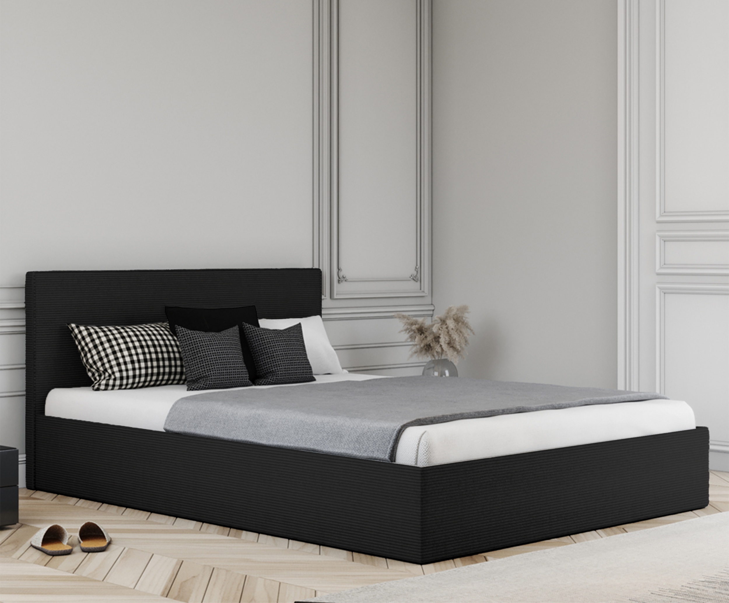 Łóżko tapicerowane 140x200 cm Campile z pojemnikiem czarne sztruks