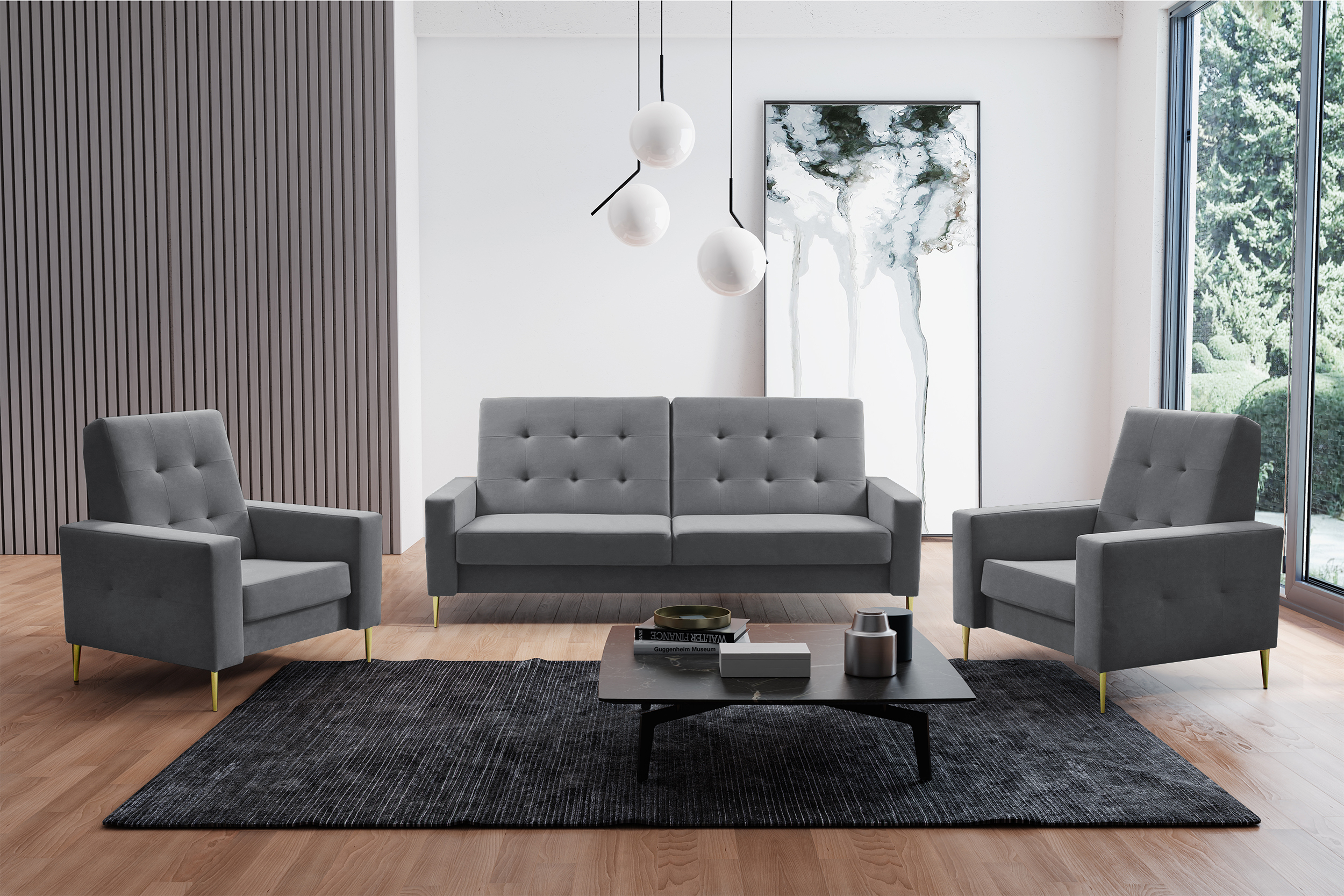 Komplet wypoczynkowy Santi sofa i dwa fotele szary w tkaninie hydrofobowej nogi złote
