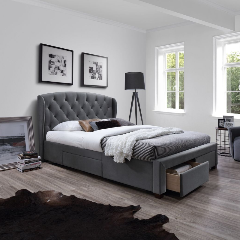 Łóżko tapicerowane Gebissa z szufladami 160x200 cm szare