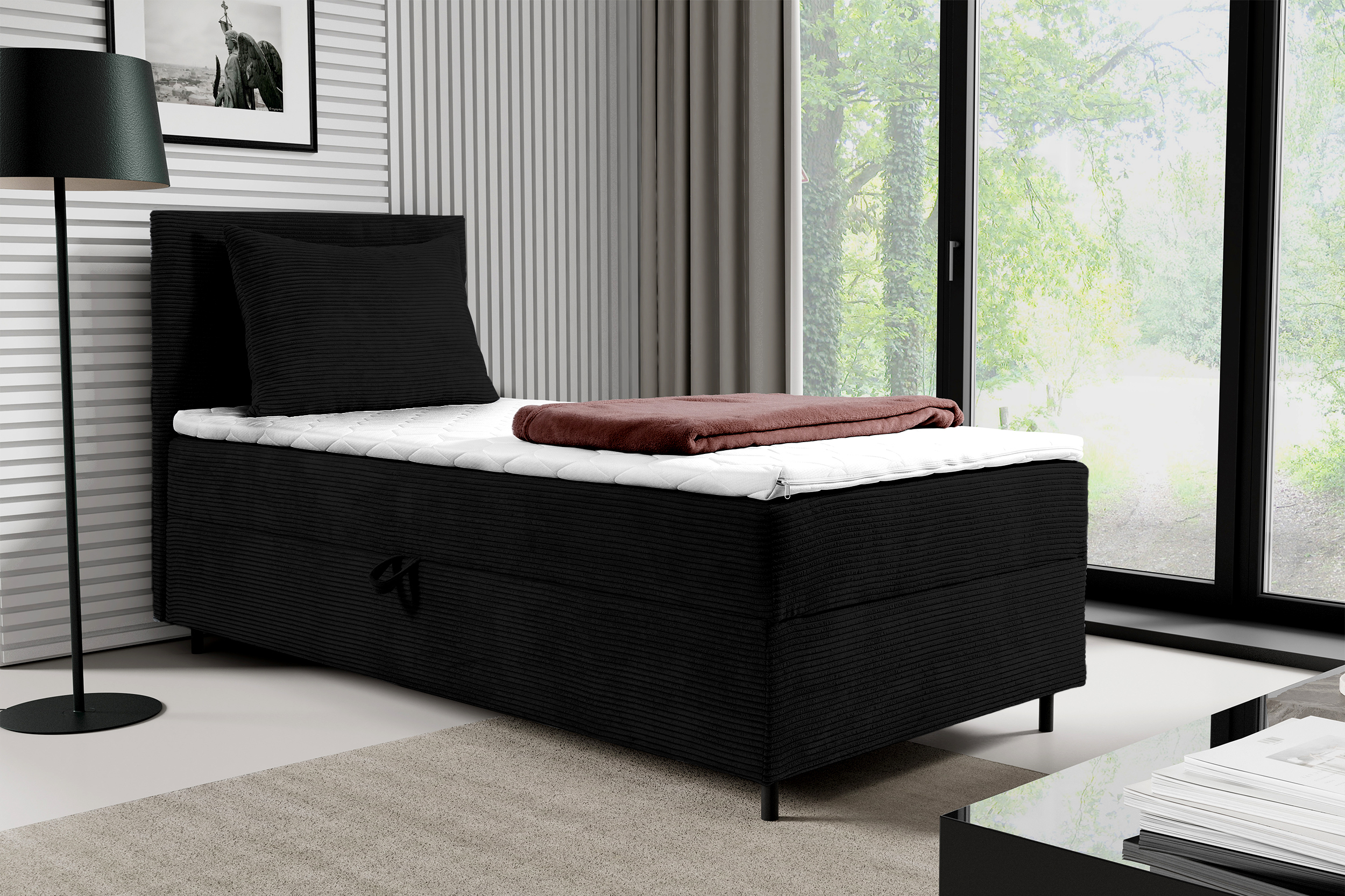Łóżko kontynentalne jednosobowe Montigo Mini 100x200 cm z pojemnikiem, topperem i poduszką czarne sztruks nogi czarne lewostronne