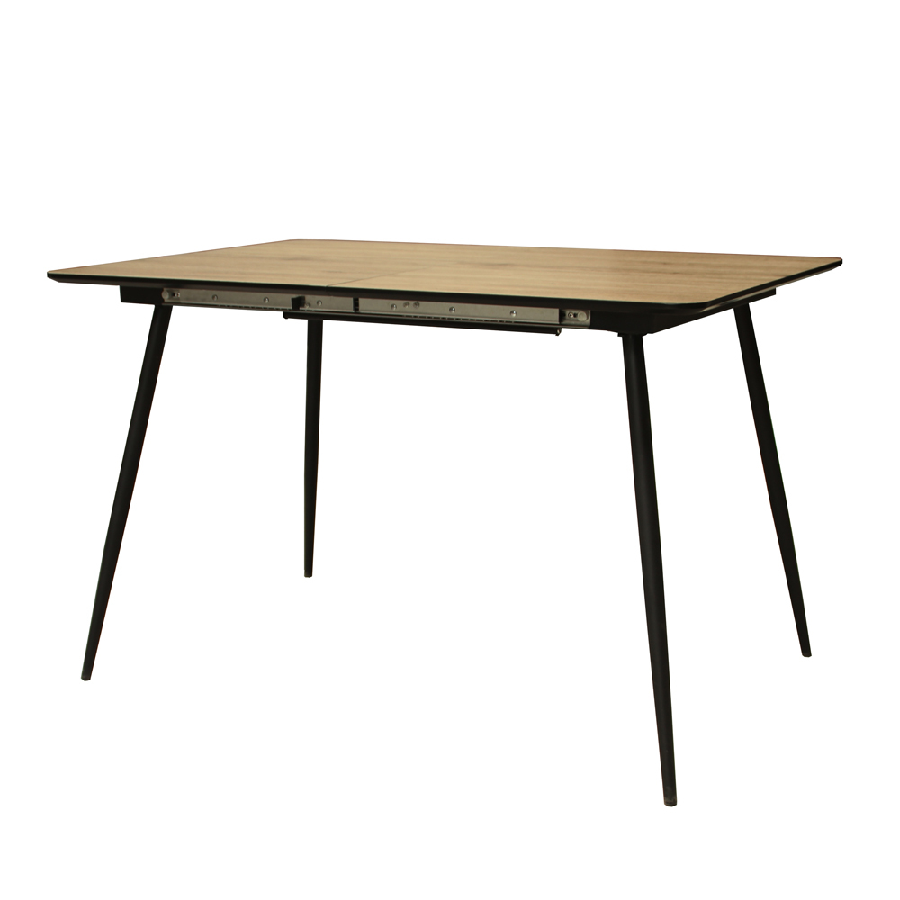 Stół rozkładany Violarma 120-160x80 cm dąb z sześcioma krzesłami tapicerowanymi Wersos bordowymi