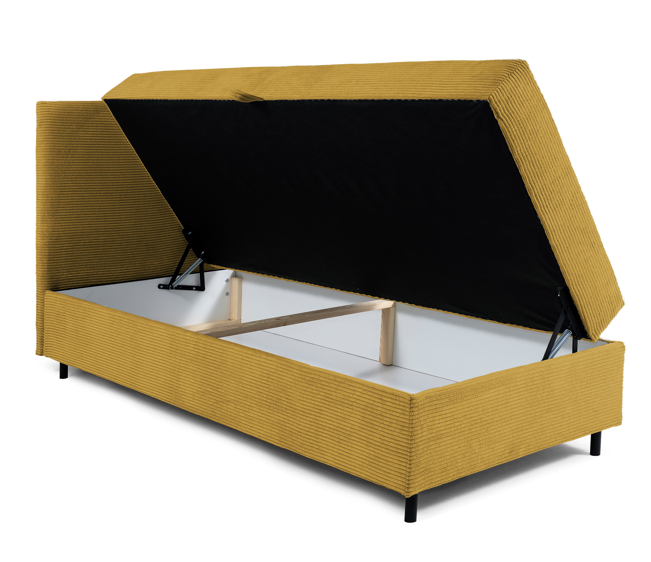 Łóżko kontynentalne jednosobowe Montigo Mini 70x200 cm z pojemnikiem, topperem i poduszką musztardowe sztruks nogi czarne lewostronne