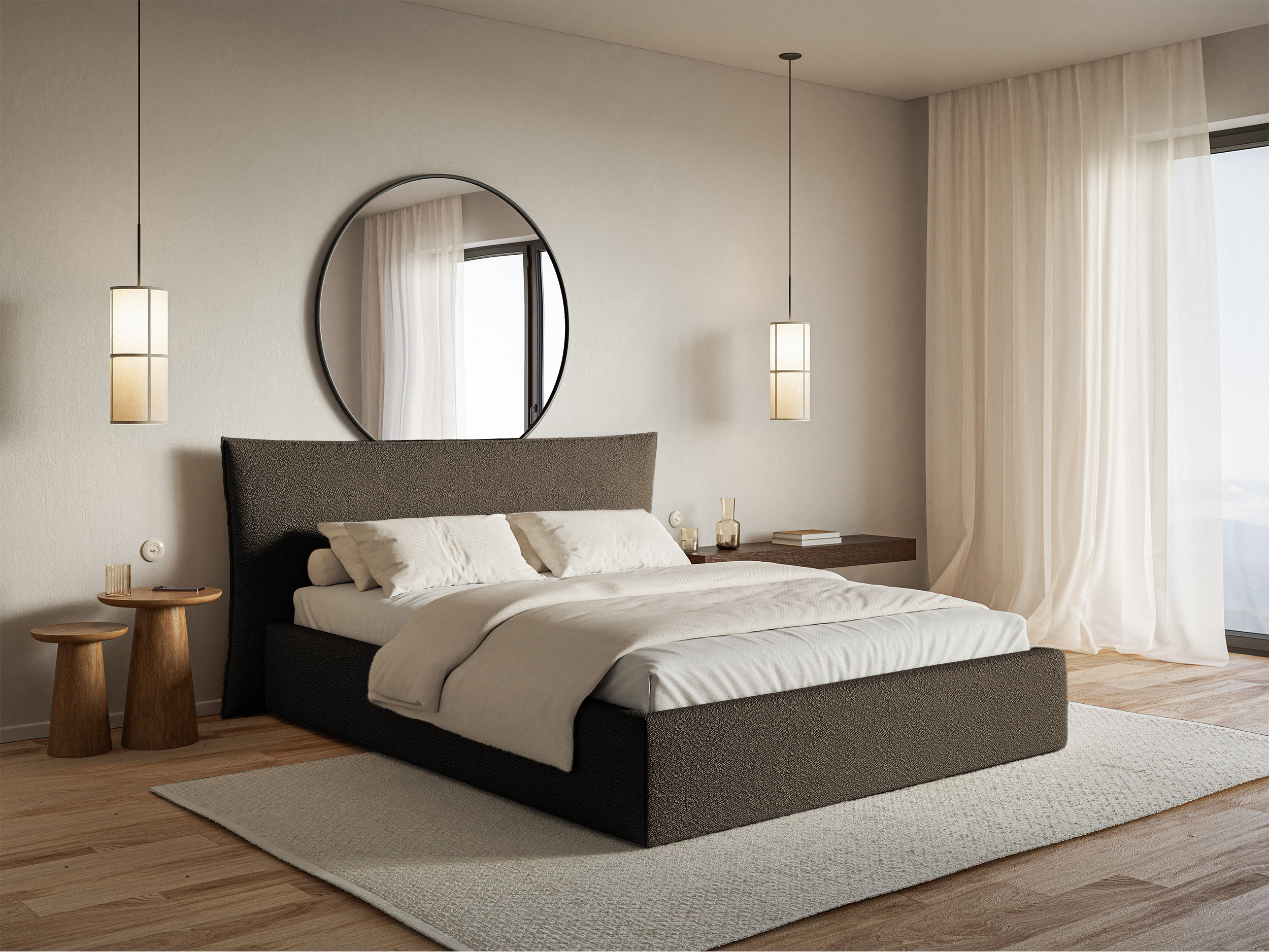 Łóżko tapicerowane 180x200 cm Softie z pojemnikiem stelaż metalowy brązowe boucle
