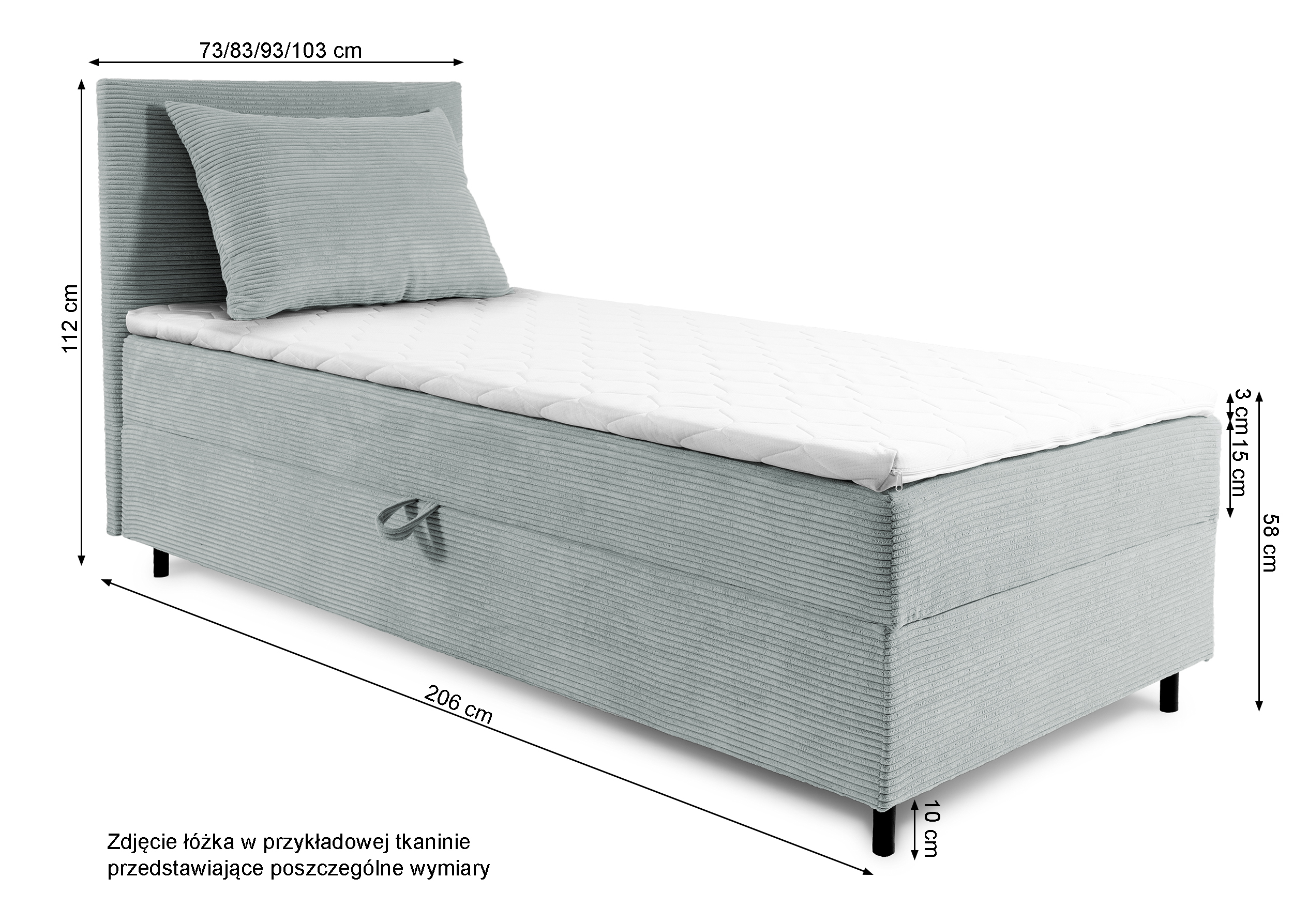 Łóżko kontynentalne jednosobowe Montigo Mini 90x200 cm z pojemnikiem, topperem i poduszką musztardowe sztruks nogi czarne lewostronne