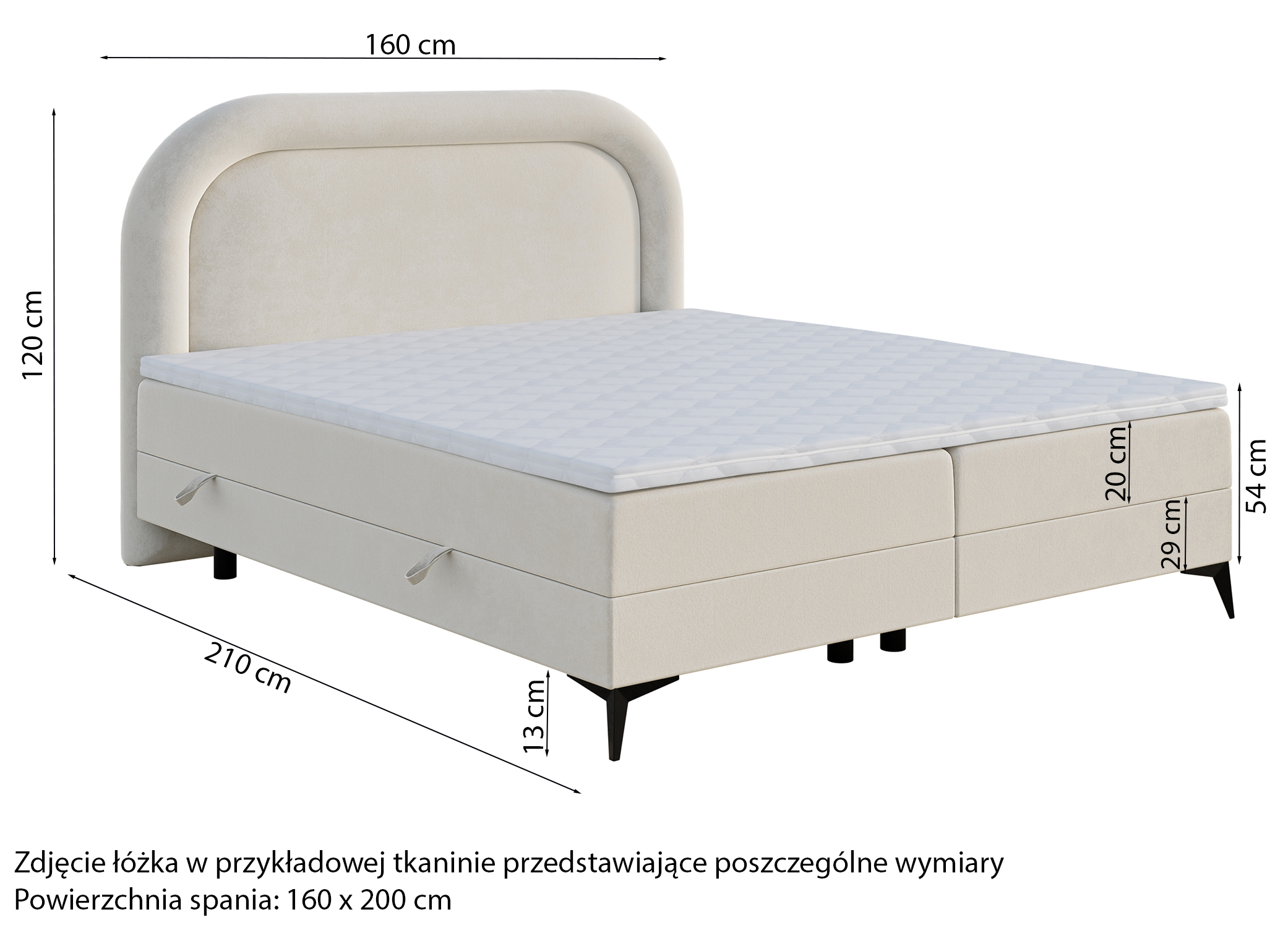 Łóżko kontynentalne 160x200 cm Loreo z Topperem i pojemnikami jasnoszare boucle
