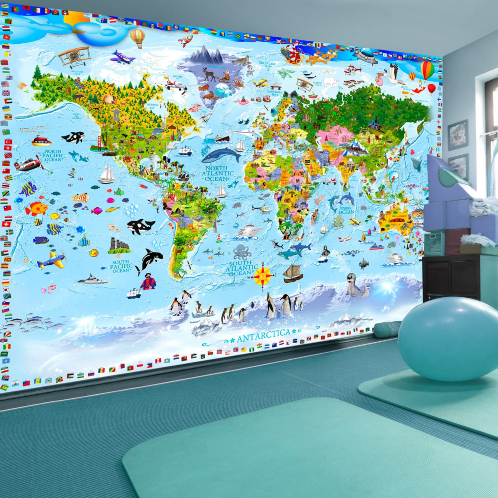 Fototapeta samoprzylepna Mapa świata dla dzieci z kolorowymi rysunkami 441x315 cm