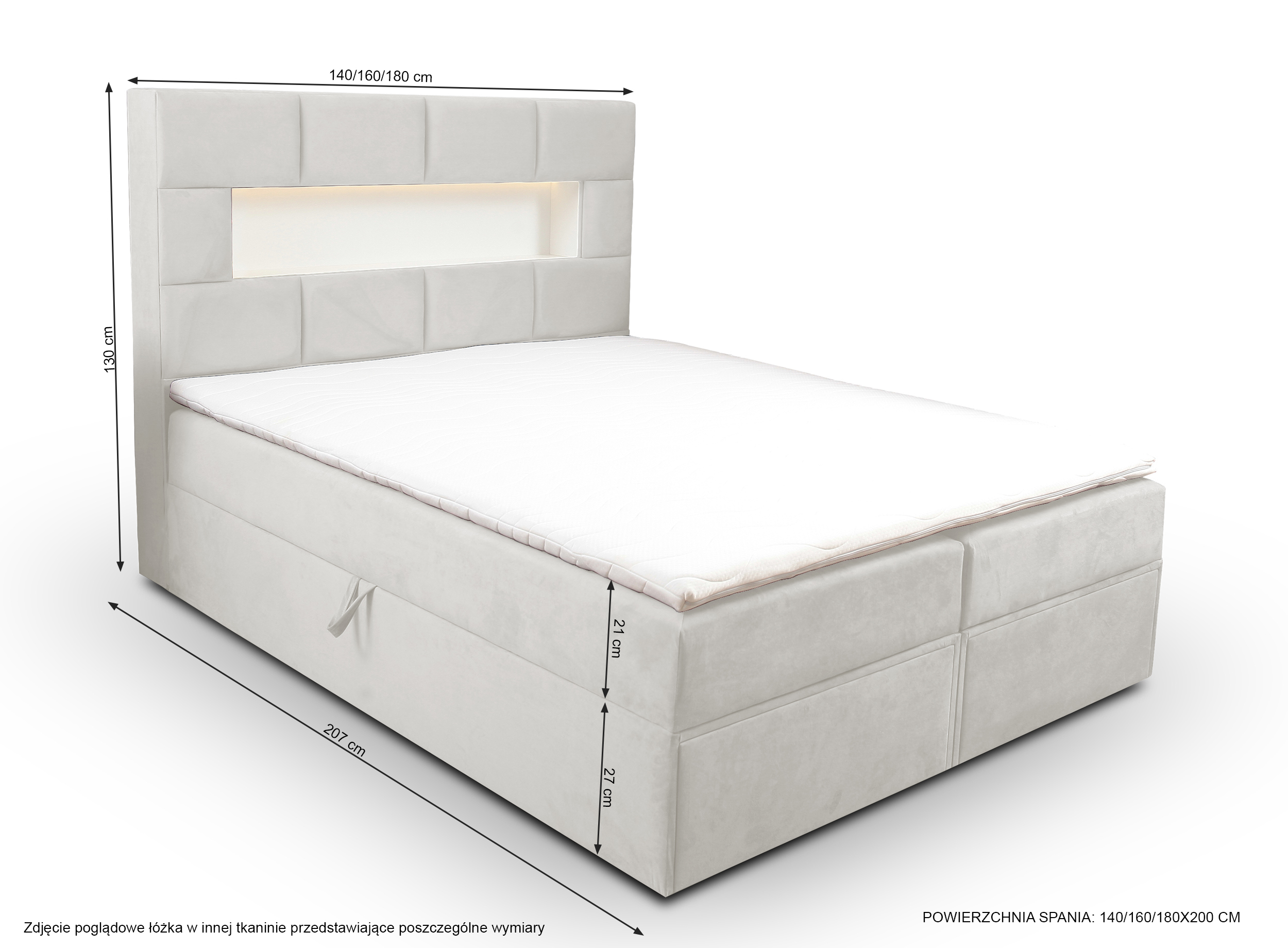 Łóżko kontynentalne 180x200 cm Celaeno z pojemnikami, tapperem i materacem kieszeniowym szarobeżowe