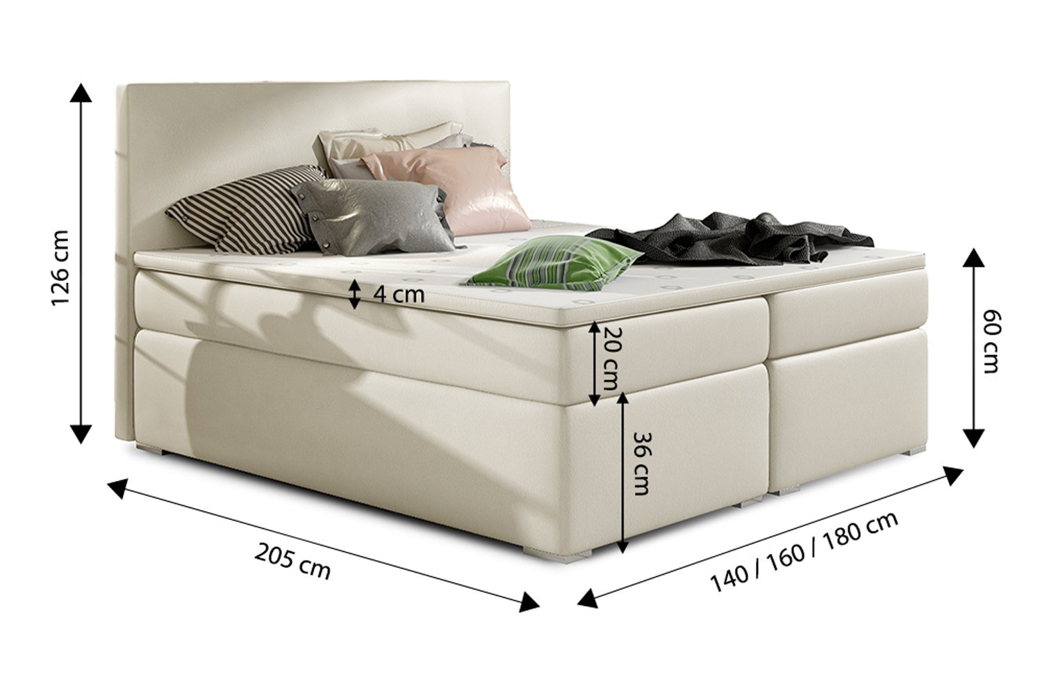 Łóżko kontynentalne Glimer 160x200 cm z pojemnikiem kremowe ekoskóra