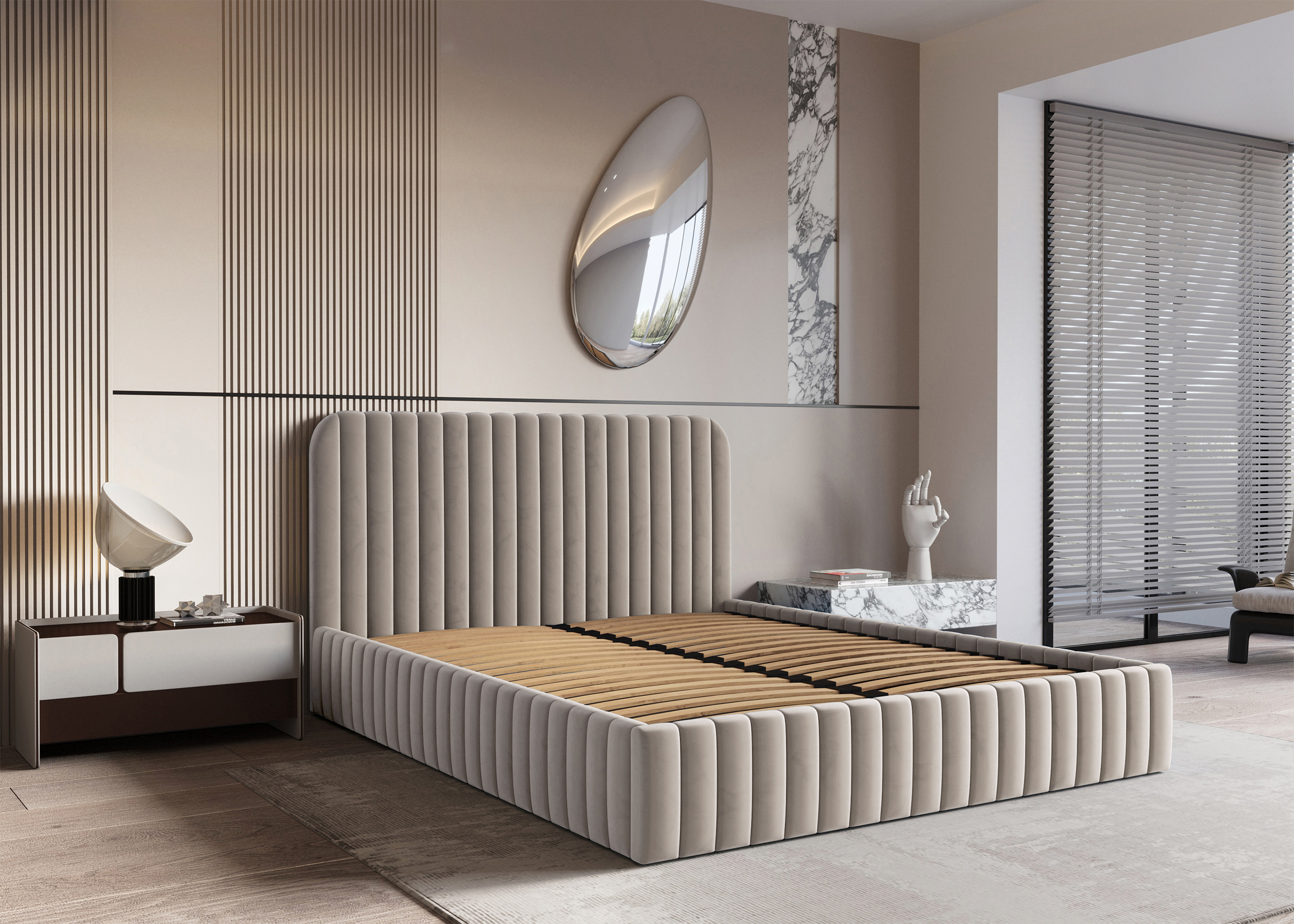 OUTLET - Łóżko tapicerowane Saliano beżowe 180x200 z pojemnikiem stelaż metalowy podnośnik gazowy welur