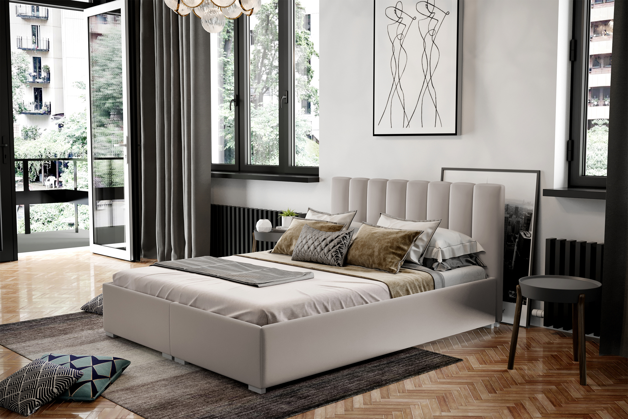 Łóżko tapicerowane 140x200 cm Romkino z pojemnikami jasnobeżowe welur hydrofobowy
