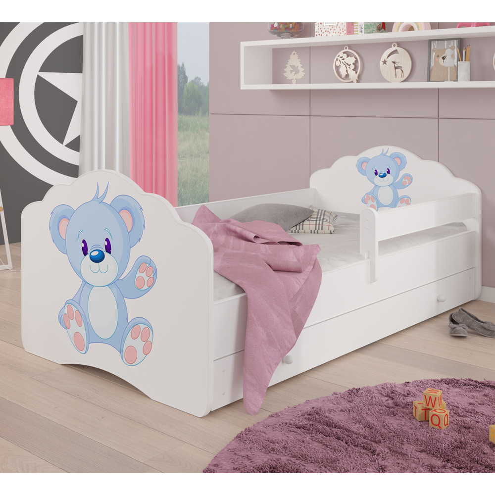 Łóżko dziecięce Sissa 160x80 cm Niebieski Miś z barierką i szufladą