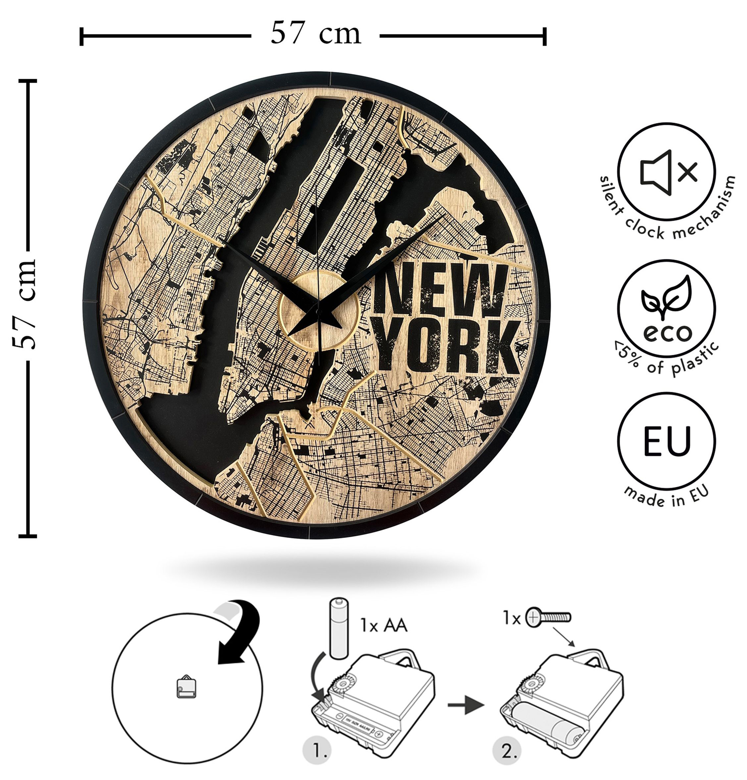 Zegar ścienny Relatise średnica 57 cm Nowy Jork