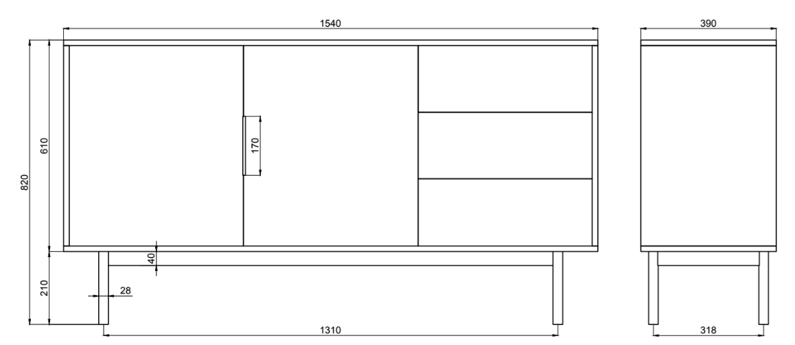 Komoda dwudrzwiowa Viviaro z trzema szufladami 154 cm Biała