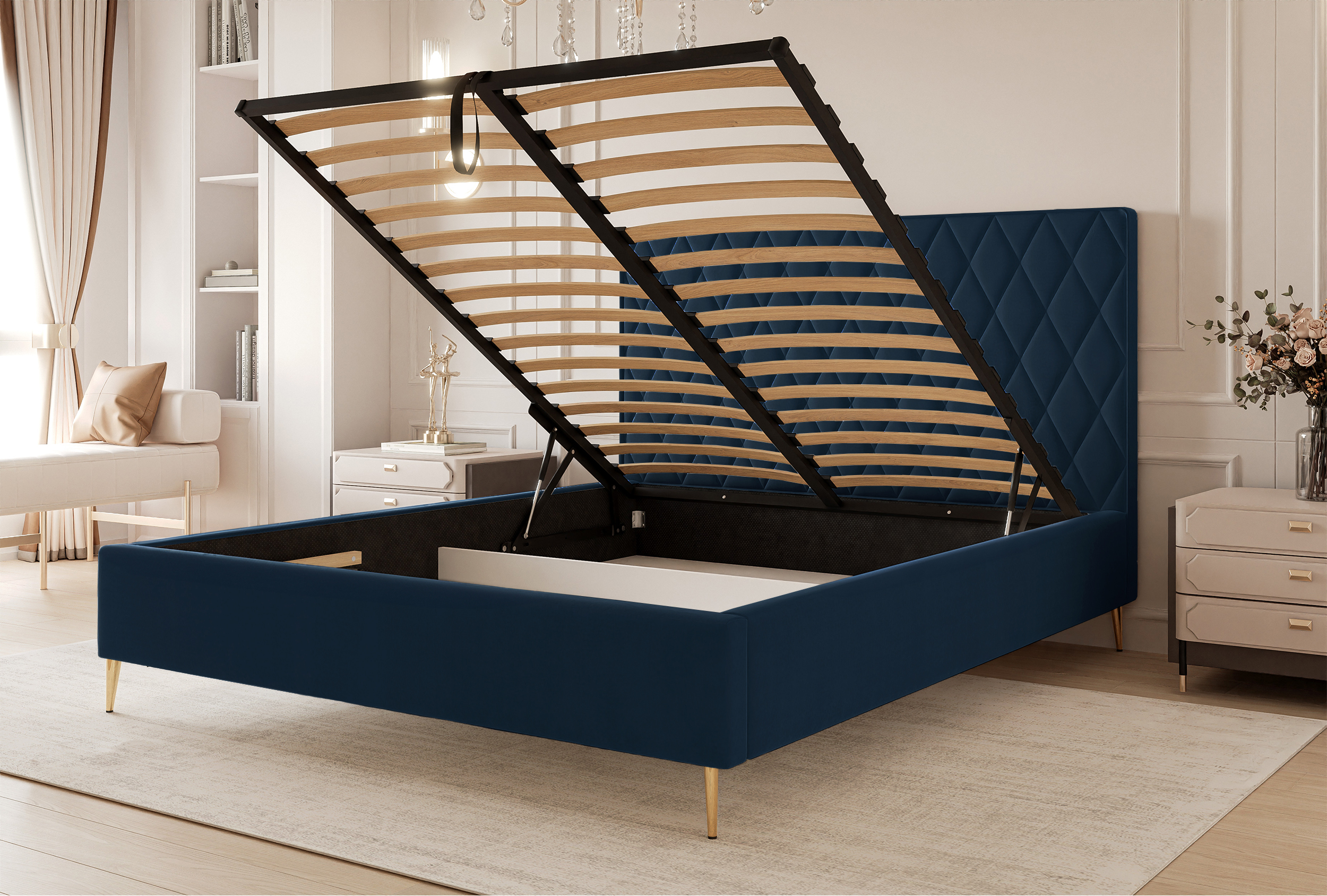 Łóżko tapicerowane 160x200 cm Caro z pojemnikiem granatowe welur hydrofobowy złote nóżki