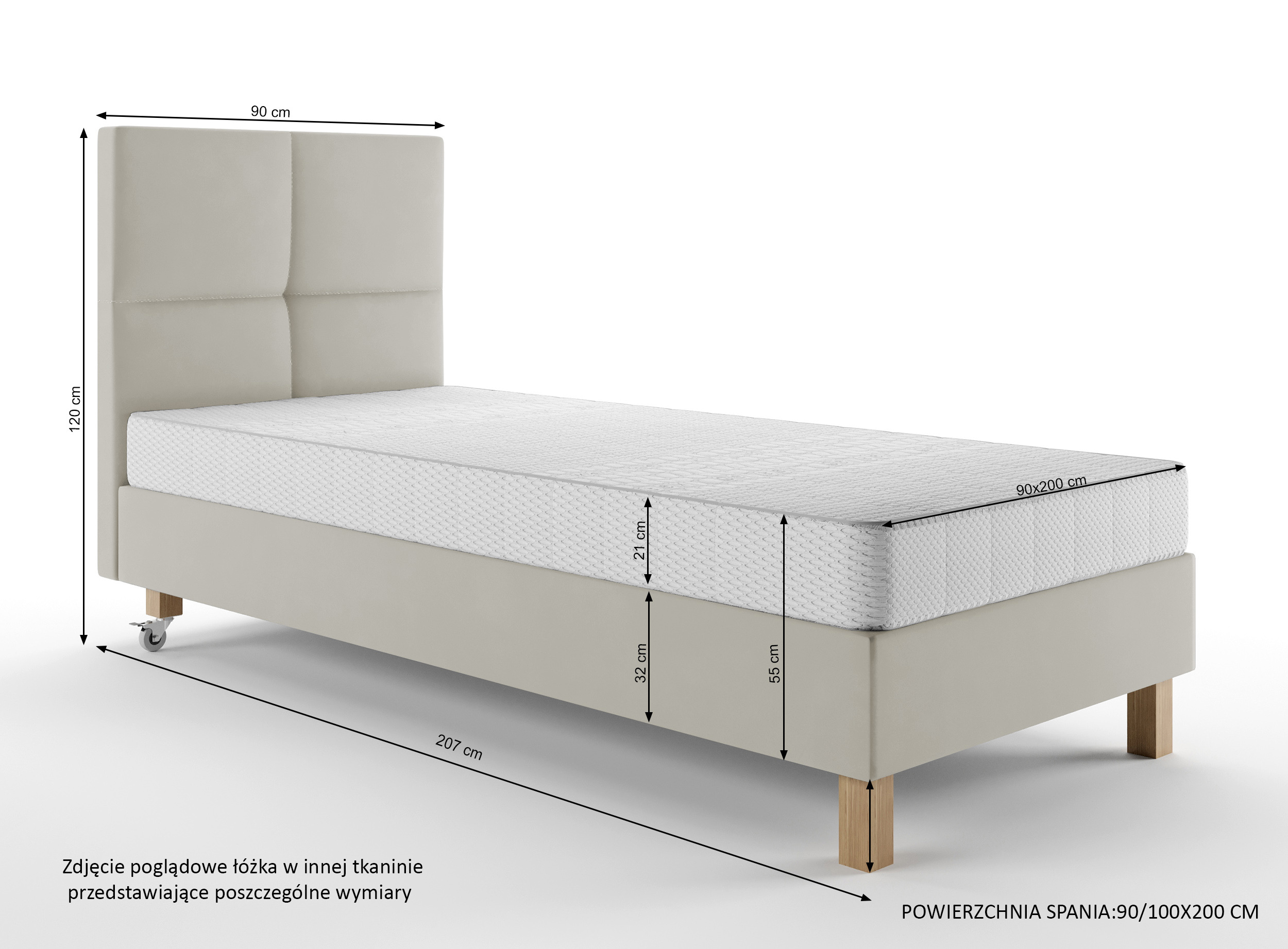 Łóżko tapicerowane 90x200 cm  Donbay z wezglowiem panelowym i materacem kieszeniowym szarobeżowe welur hydrofobowy