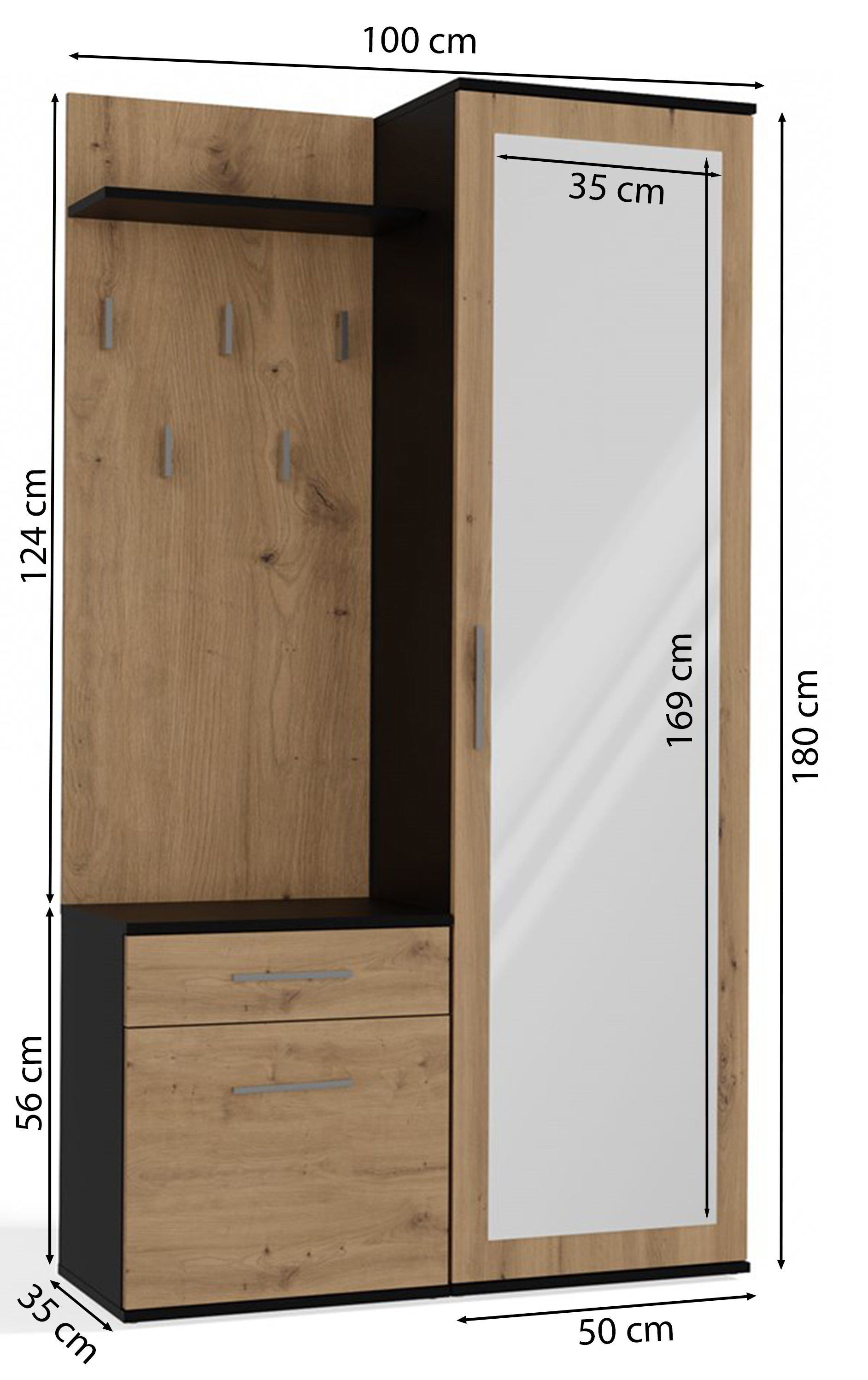 Zestaw do przedpokoju Duvio z szafą i lustrem 100 cm dąb artisan / antracyt