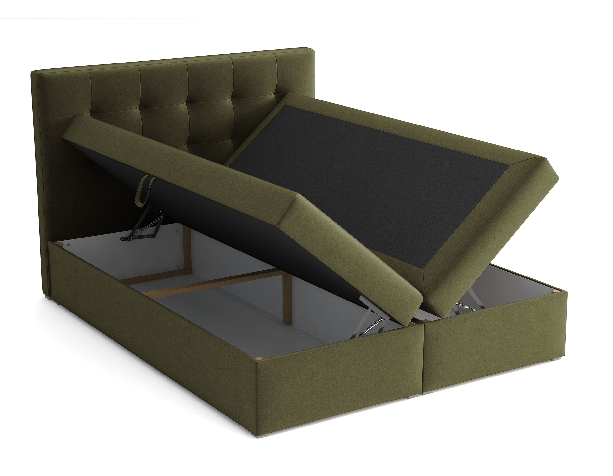 Łóżko kontynentalne 160x200 cm Nabbe z pojemnikami i topperem oliwkowe welur