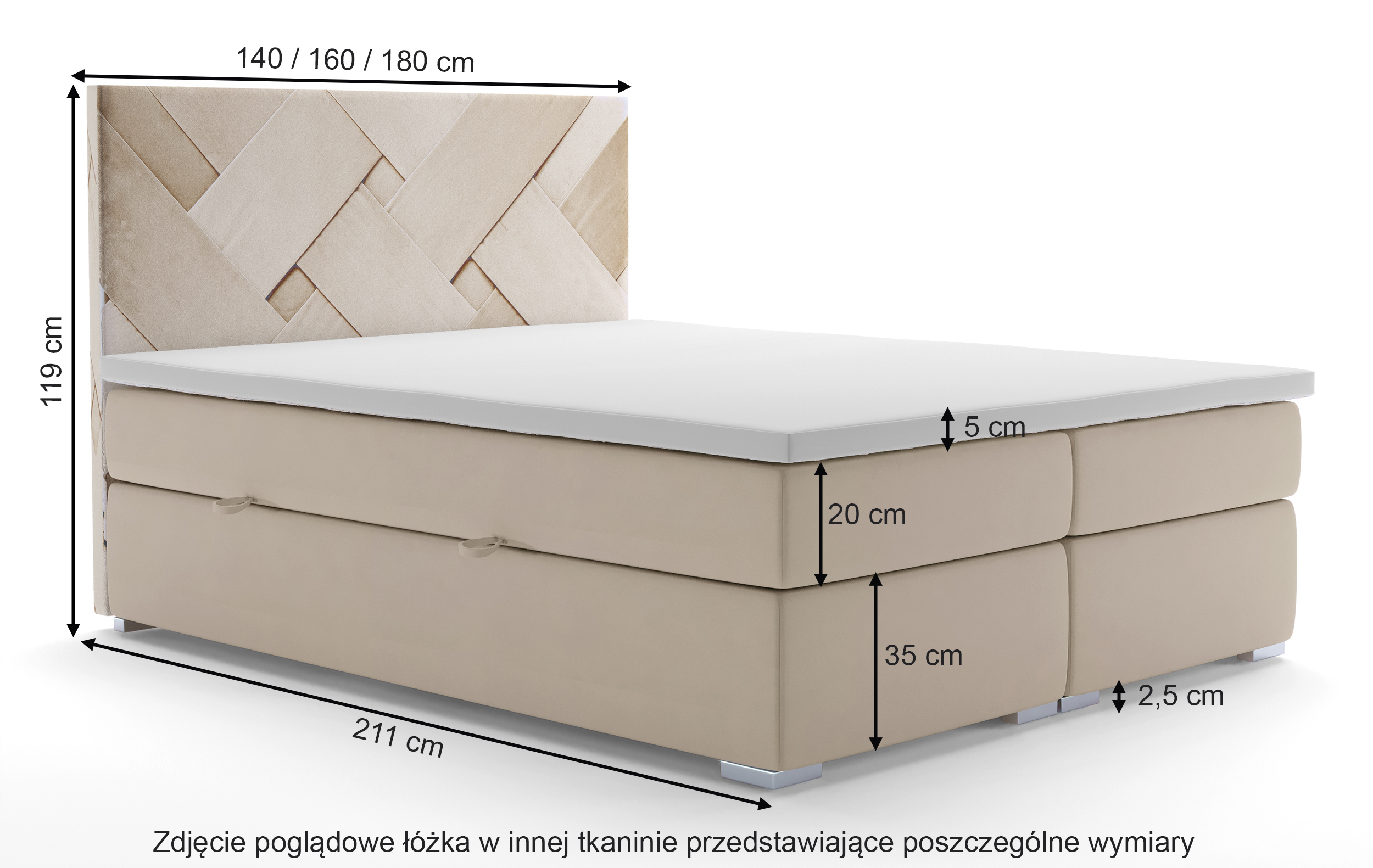 Łóżko kontynentalne 140x200 cm Lestrangie z pojemnikami i topperem musztardowe welur hydrofobowy