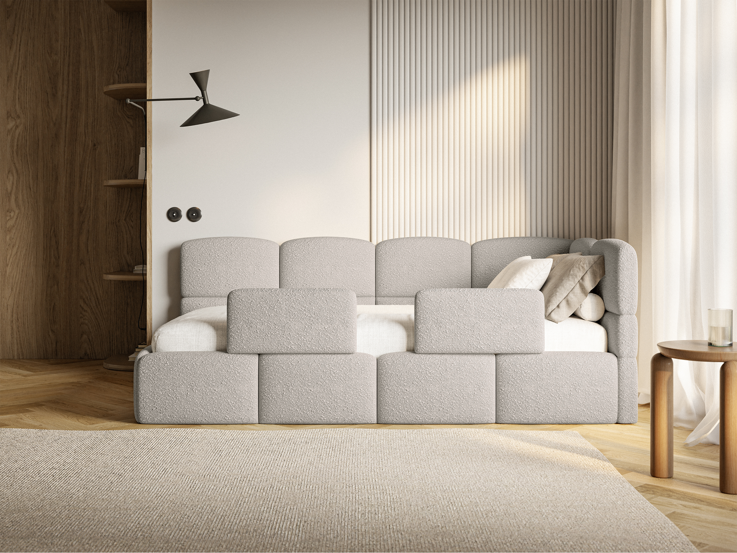 Łóżko młodzieżowe 90x200 cm Cloudy prawostronne z pojemnikiem i barierkami szarobeżowe boucle