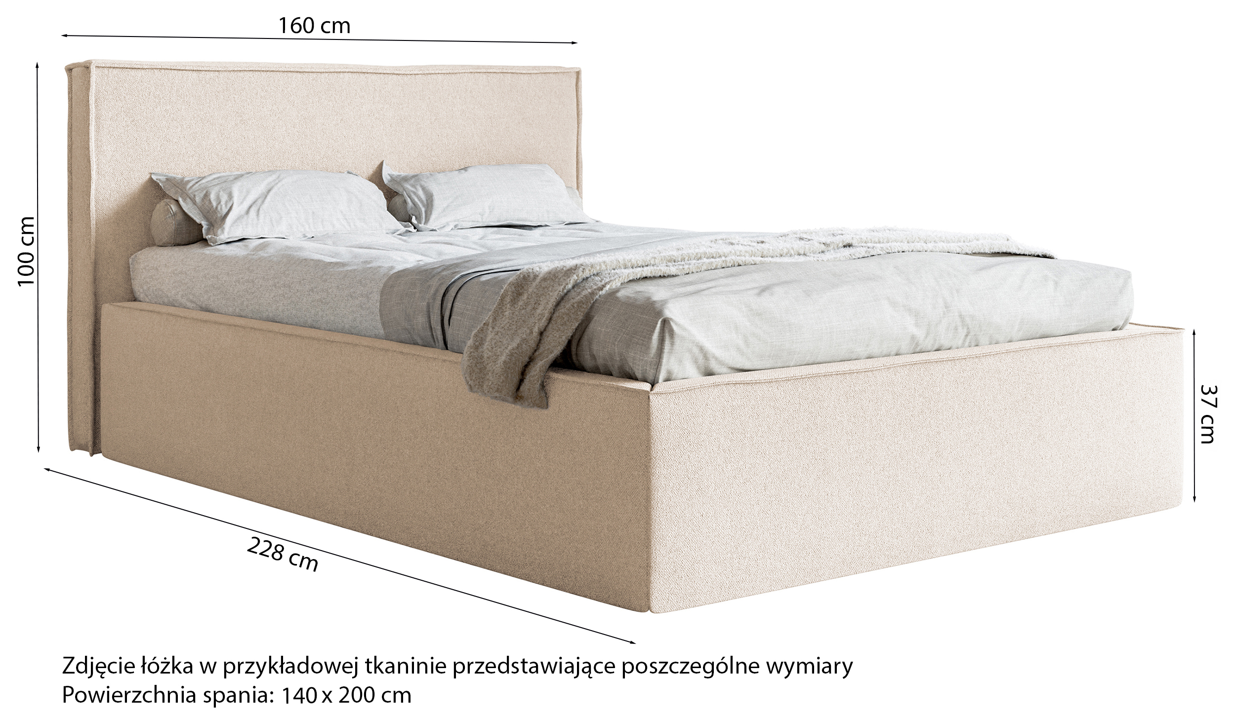 Łóżko tapicerowane 140x200 cm Lucera z pojemnikiem eukaliptusowe welur hydrofobowy