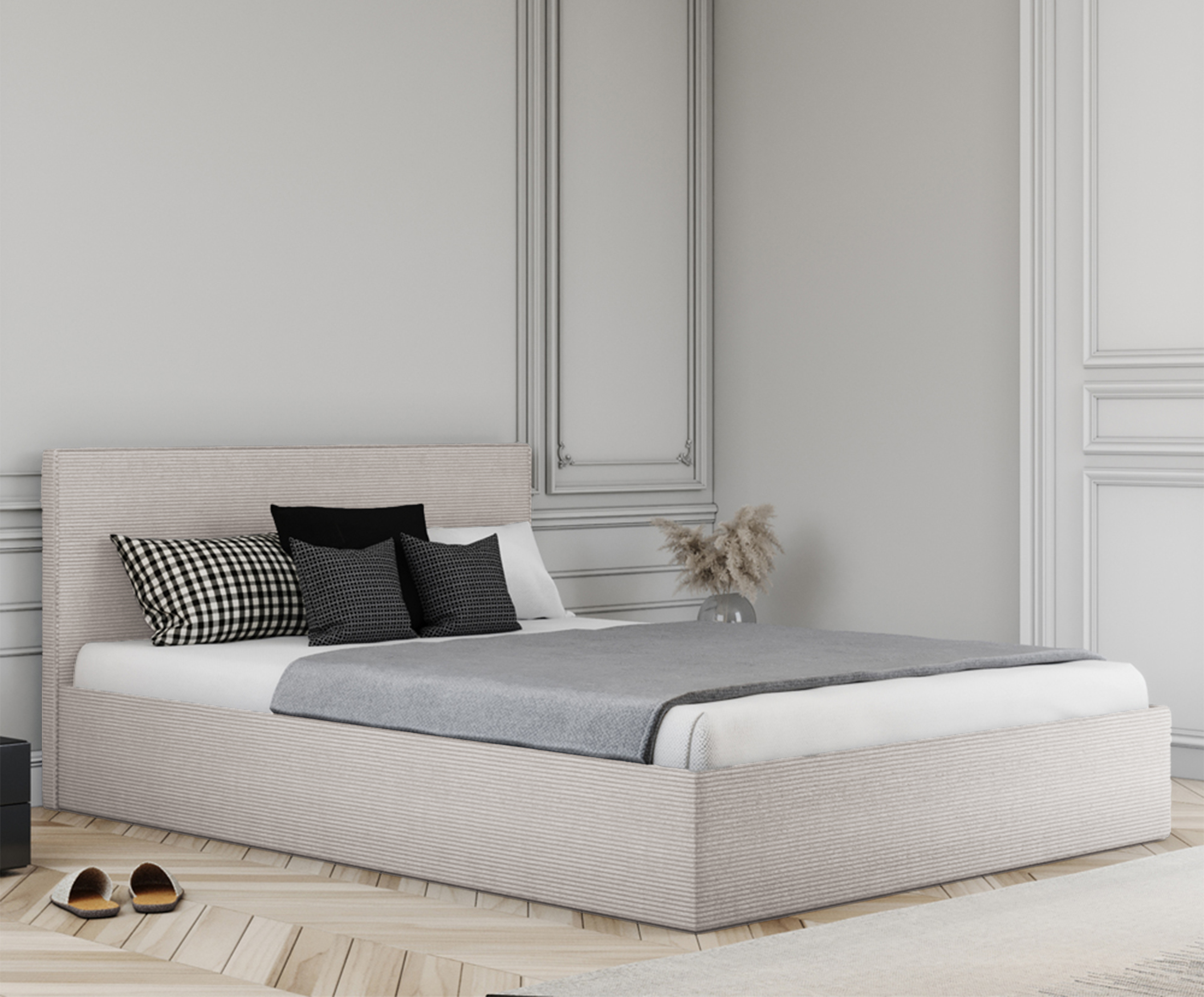 Łóżko tapicerowane 140x200 cm Campile z pojemnikiem kremowe sztruks