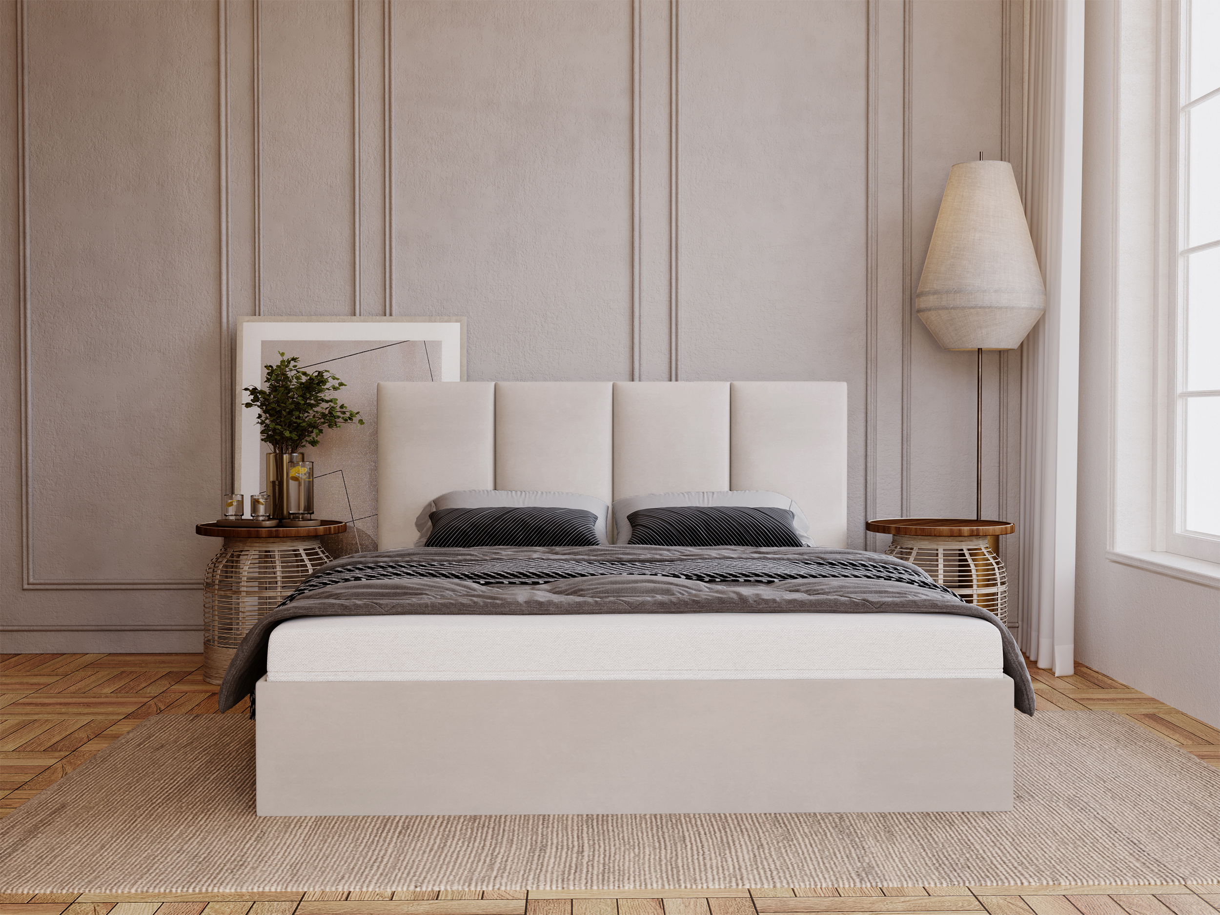 Łóżko tapicerowane 140x200 cm Drimmi  z pojemnikiem szarobeżowe velvet hydrofobowy
