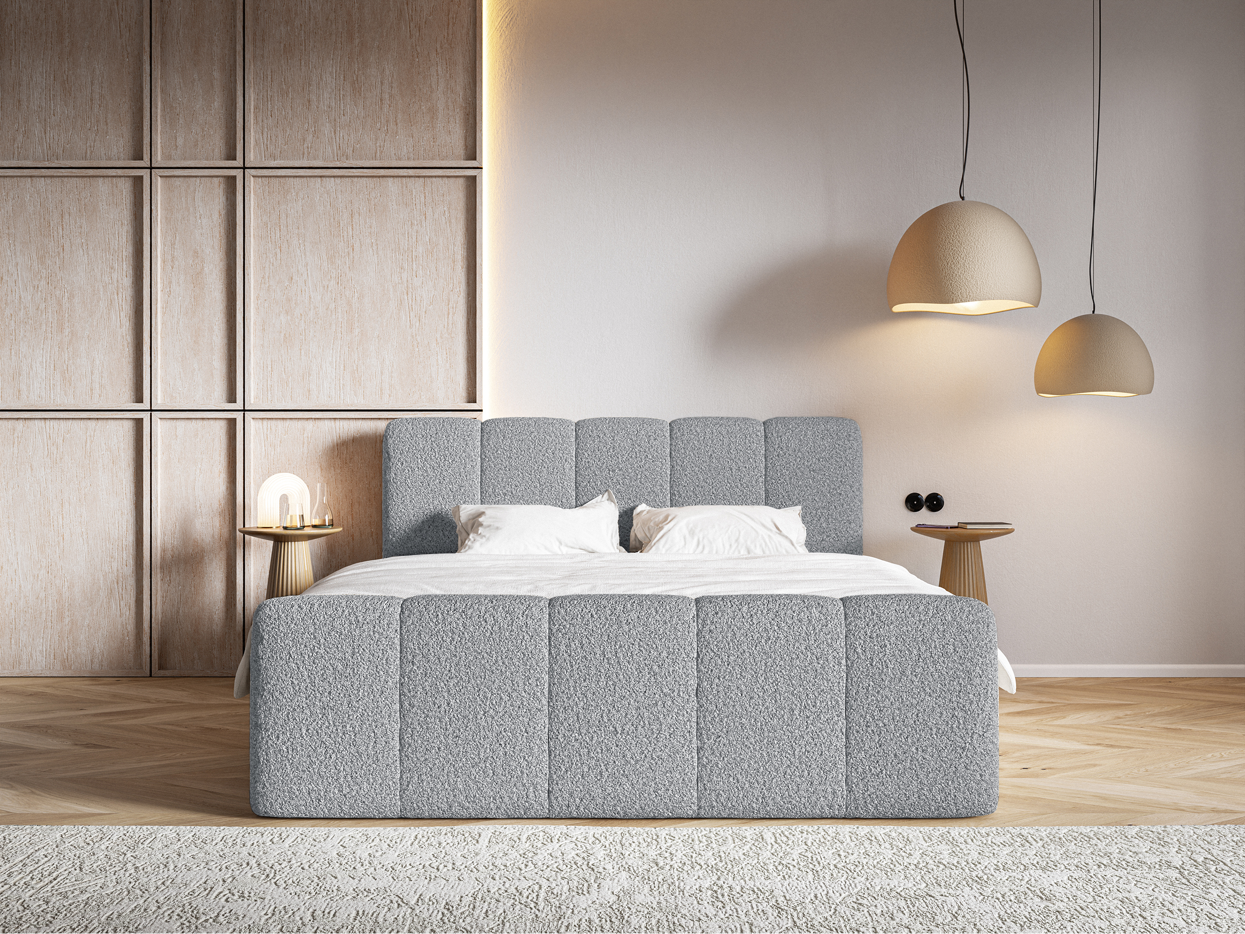 Łóżko kontynentalne 200x200 cm Cloudy II z pojemnikami i topperem szare boucle 