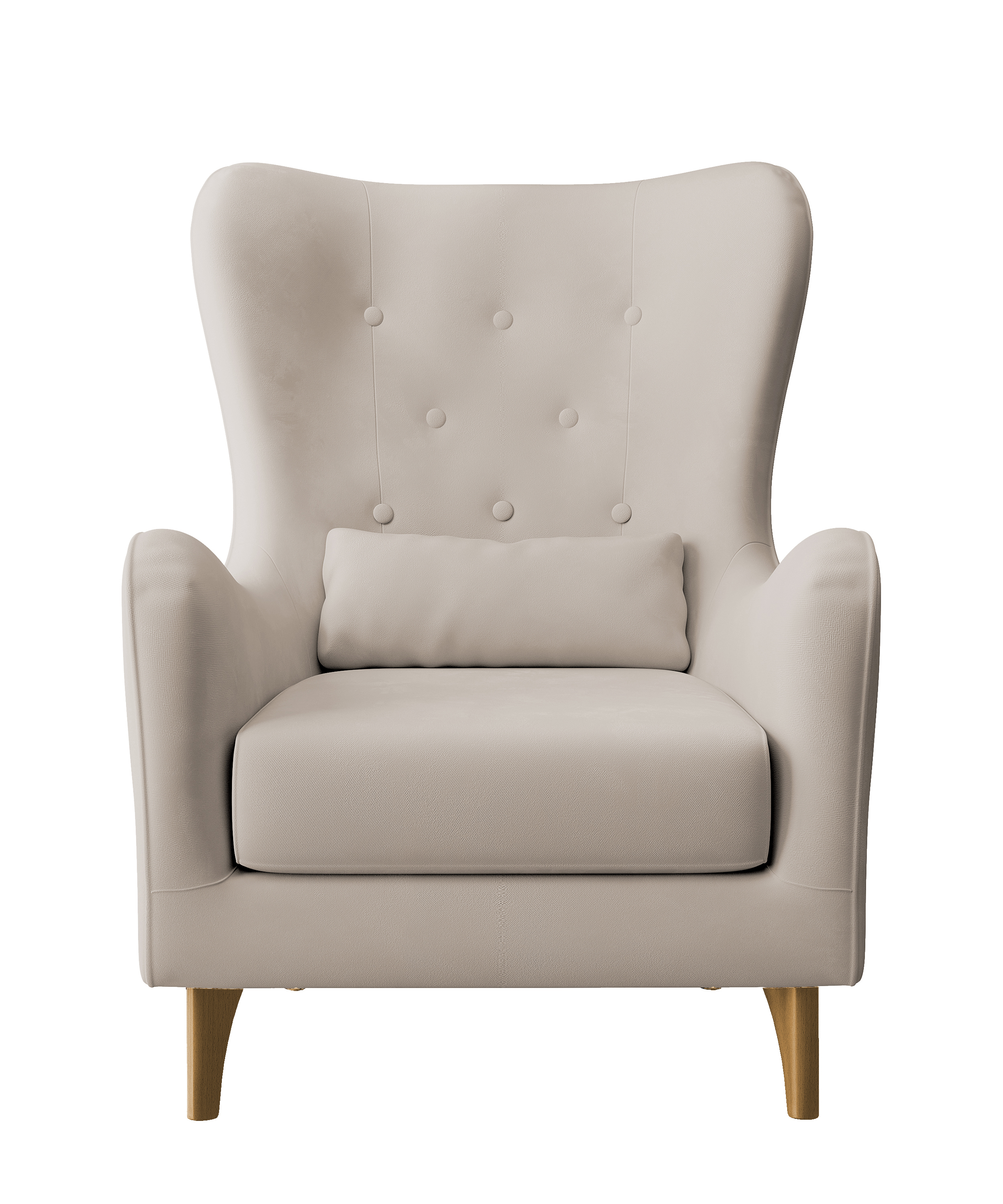 Fotel wypoczynkowy uszak Calmino jasnobeżowy w tkaninie hydrofobowej welur nóżki buk