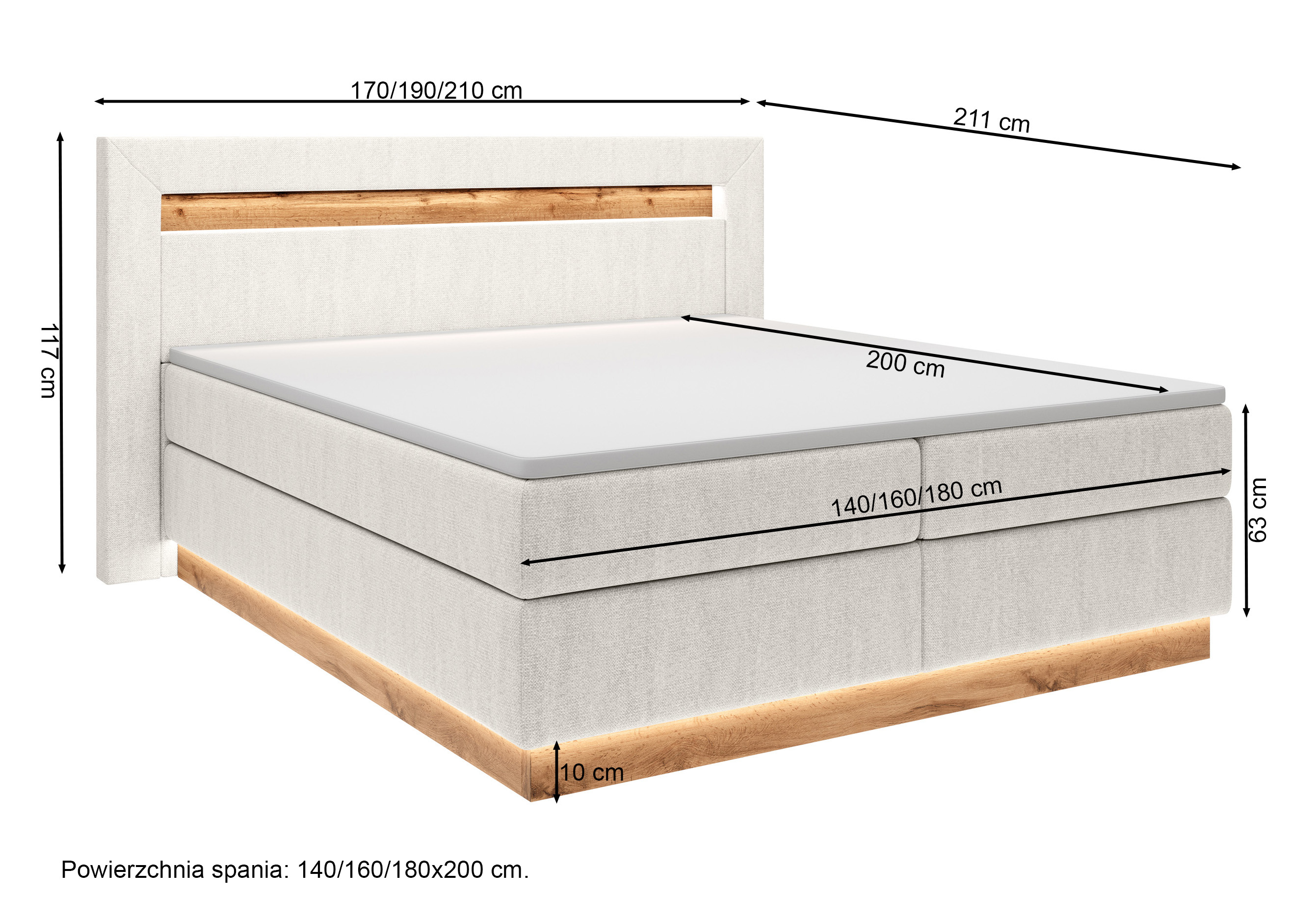 Łóżko kontynentalne Oski 140x200 cm z topperem i oświetleniem kremowy welur
