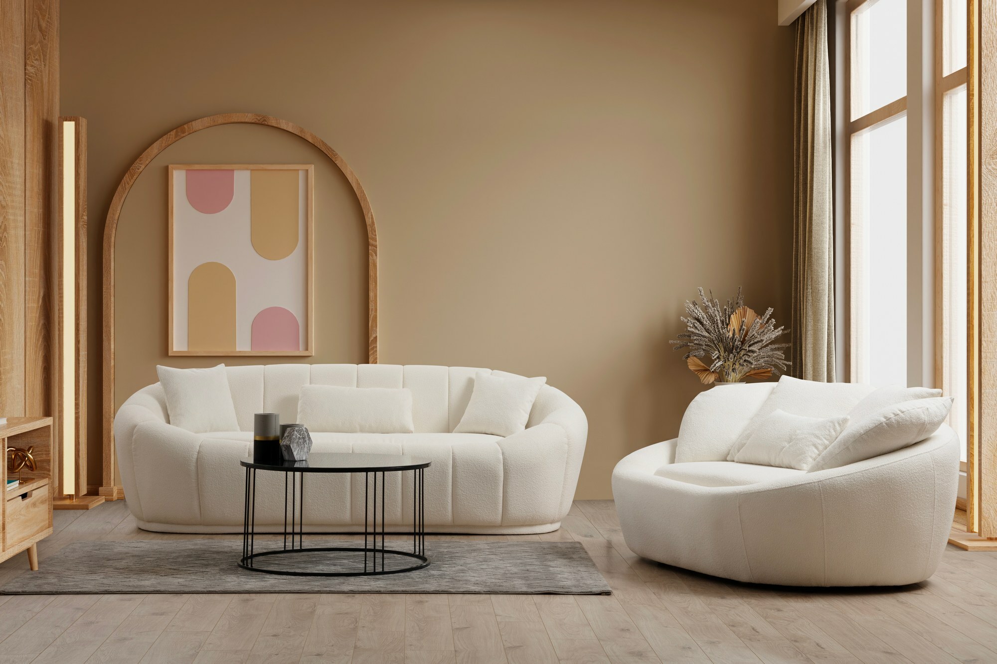 Sofa trzyosobowa Forelit w tkaninie boucle kremowa