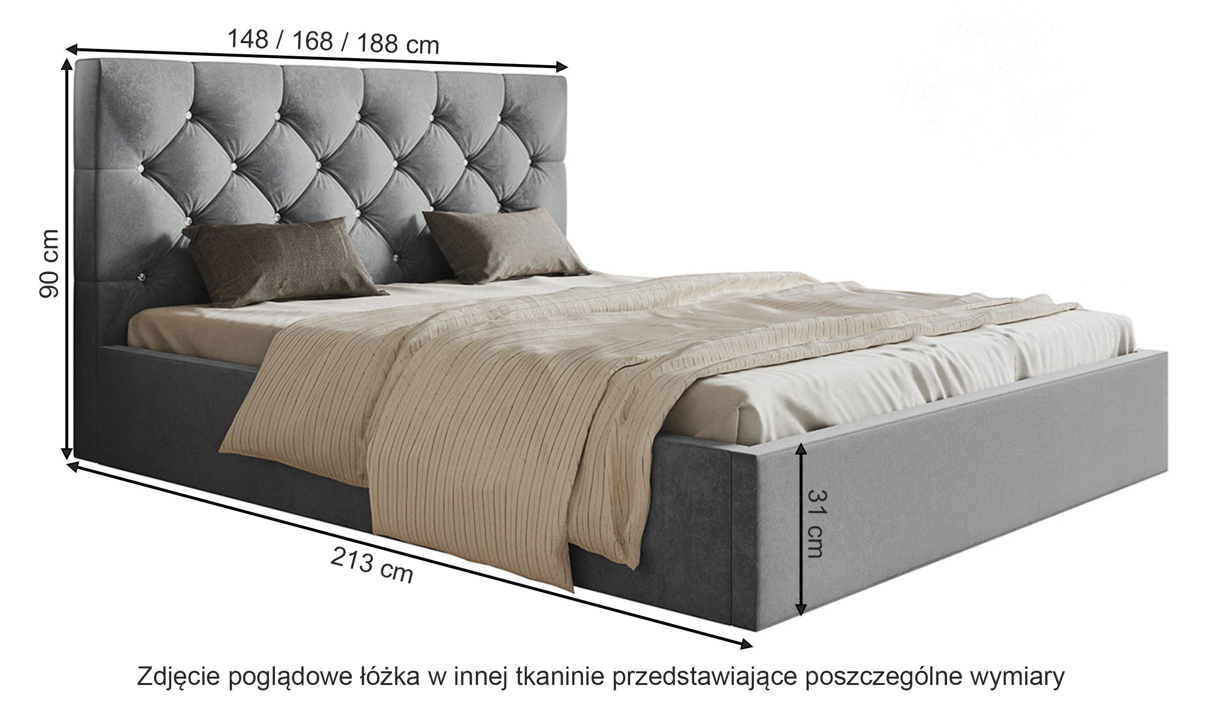 Łóżko tapicerowane 180x200 cm Bellaris z pojemnikiem i pikowaniem kryształkami granatowe