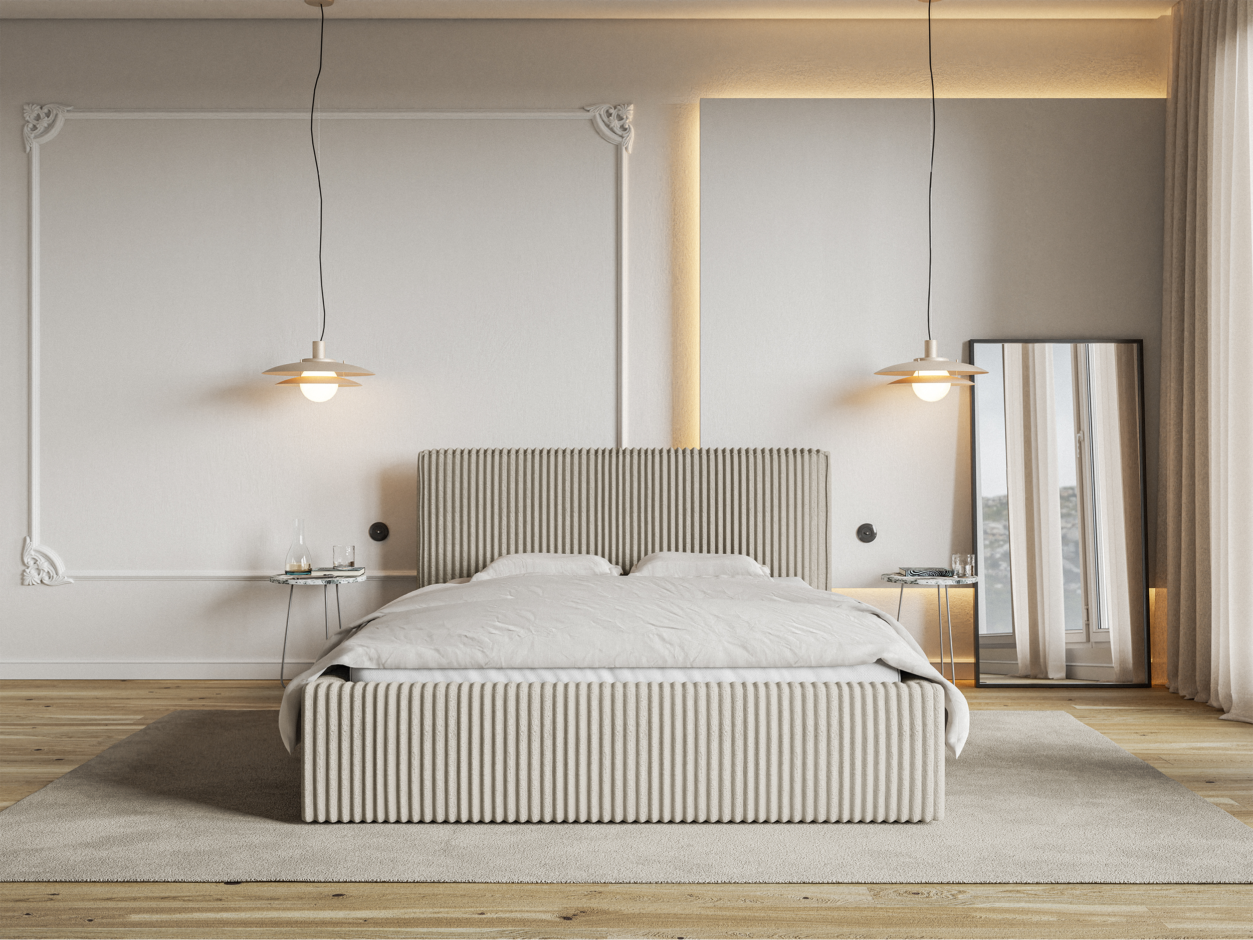 Łóżko tapicerowane 160x200 cm Tilio z pojemnikiem stelaż metalowy jasnobeżowe gruby sztruks